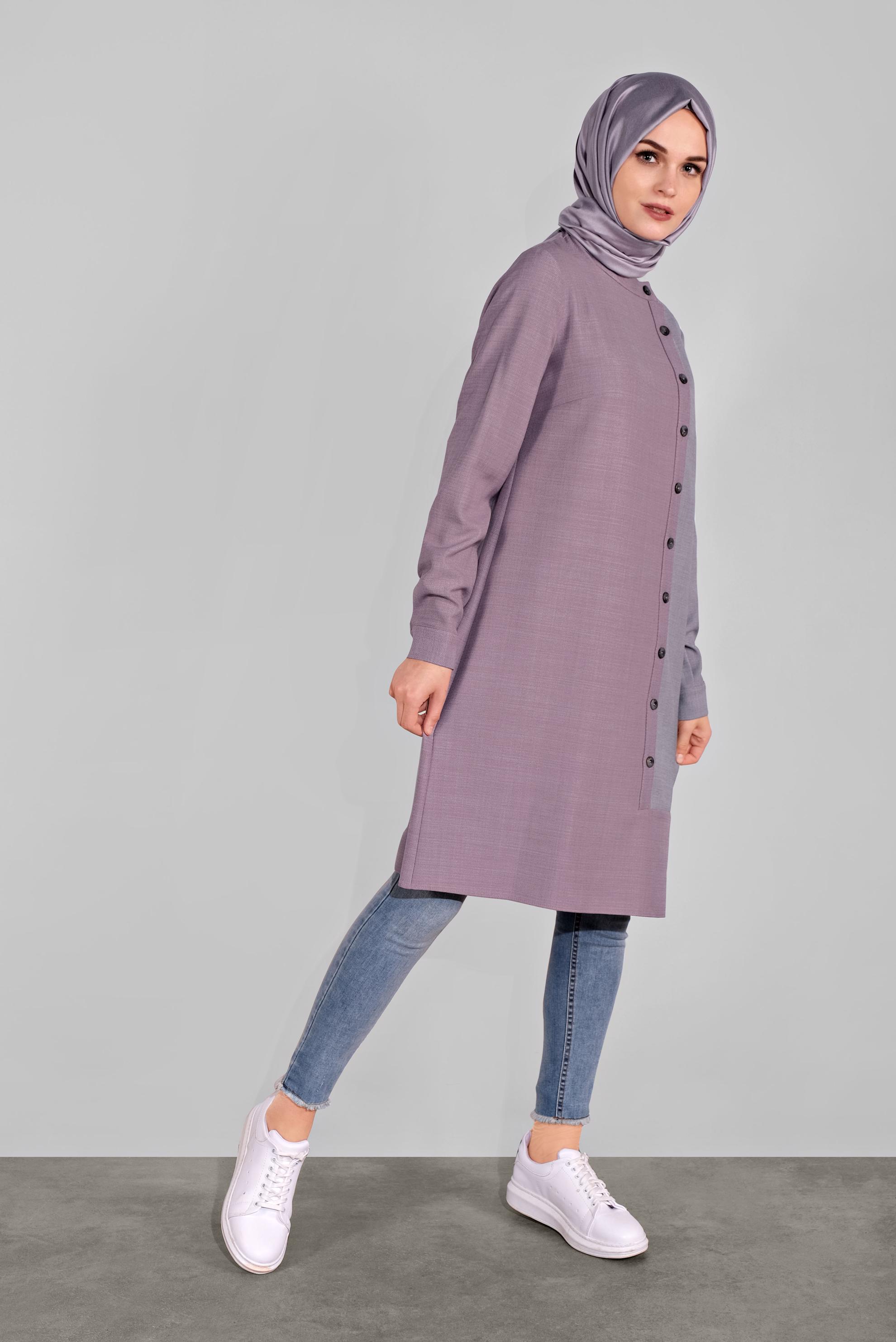 Tesettür giyim MOR DÜĞME DETAYLI YUVARLAK YAKA TUNİK 41139