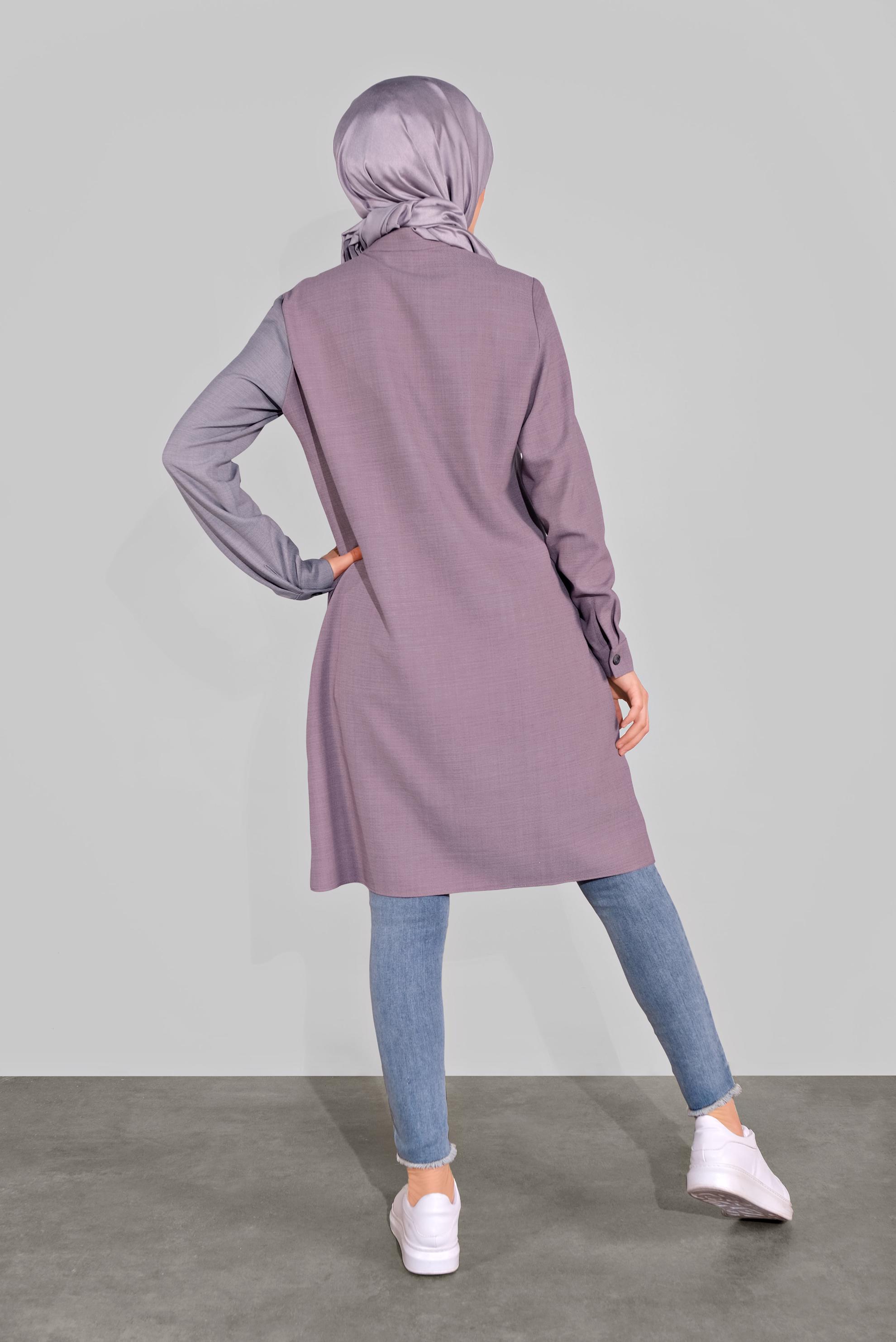 Tesettür giyim MOR DÜĞME DETAYLI YUVARLAK YAKA TUNİK 41139