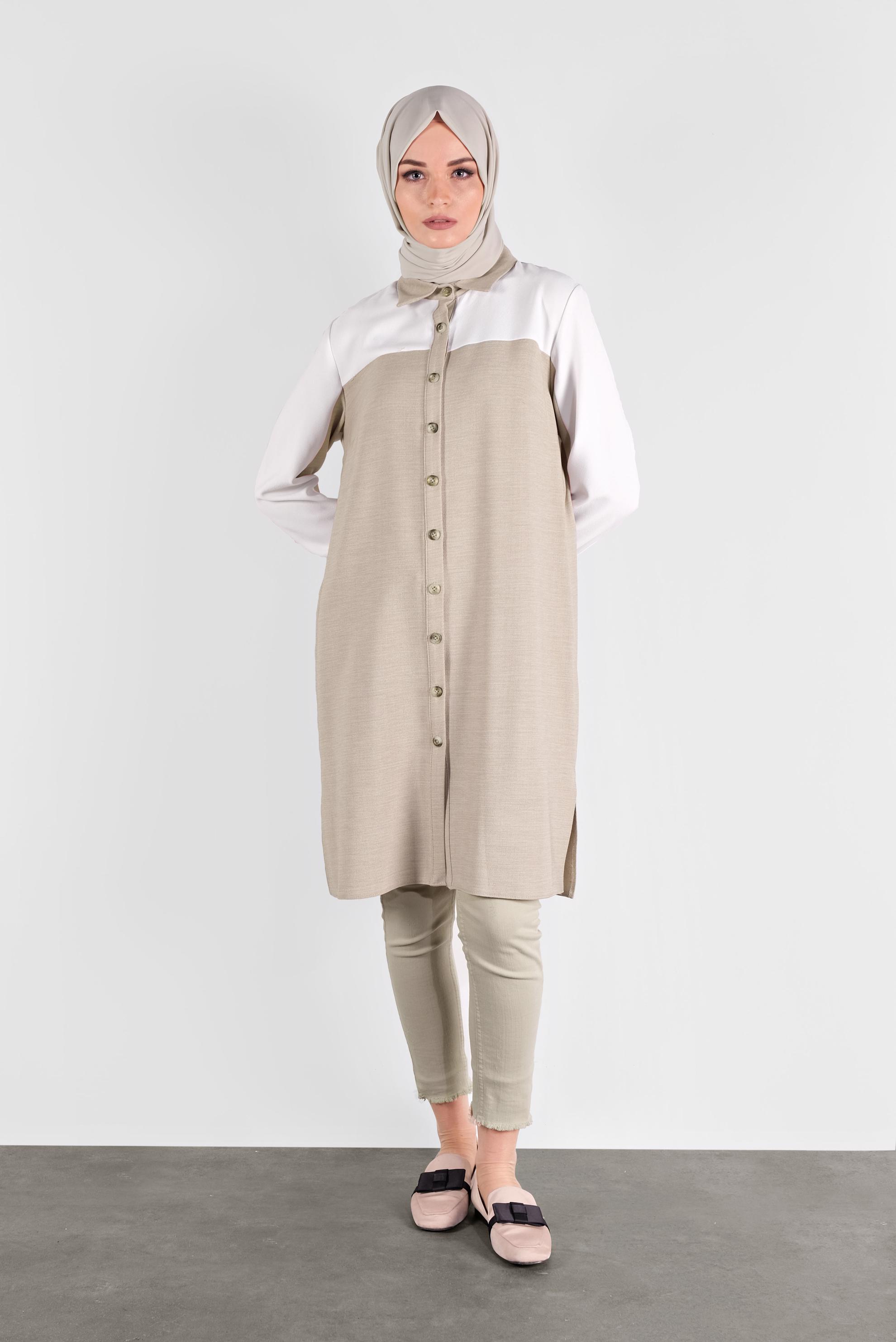 Tesettür giyim BEJ İKİ RENK BOYDAN DÜĞMELİ TUNİK 41140 