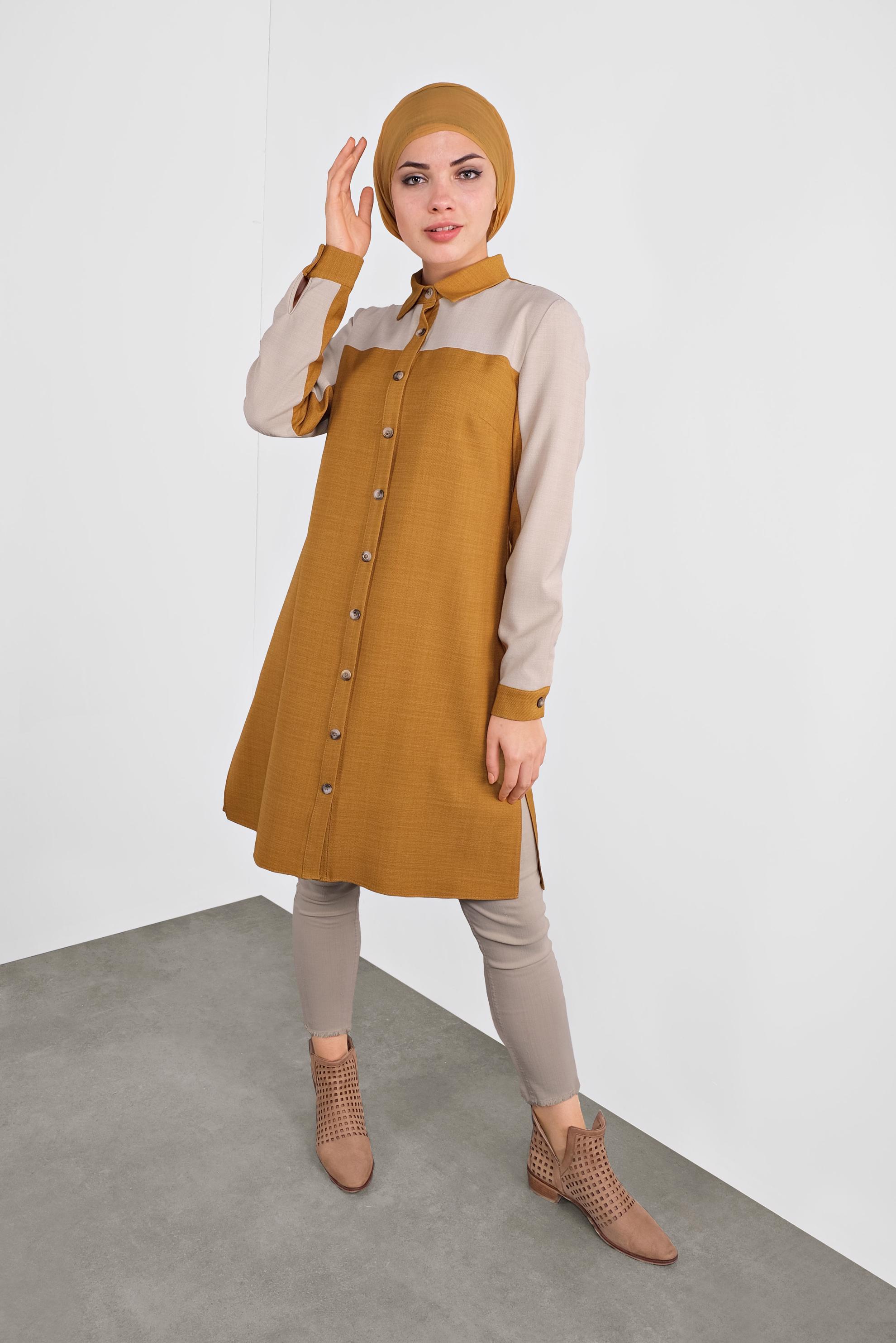 Tesettür giyim SARI İKİ RENK BOYDAN DÜĞMELİ TUNİK 41140 