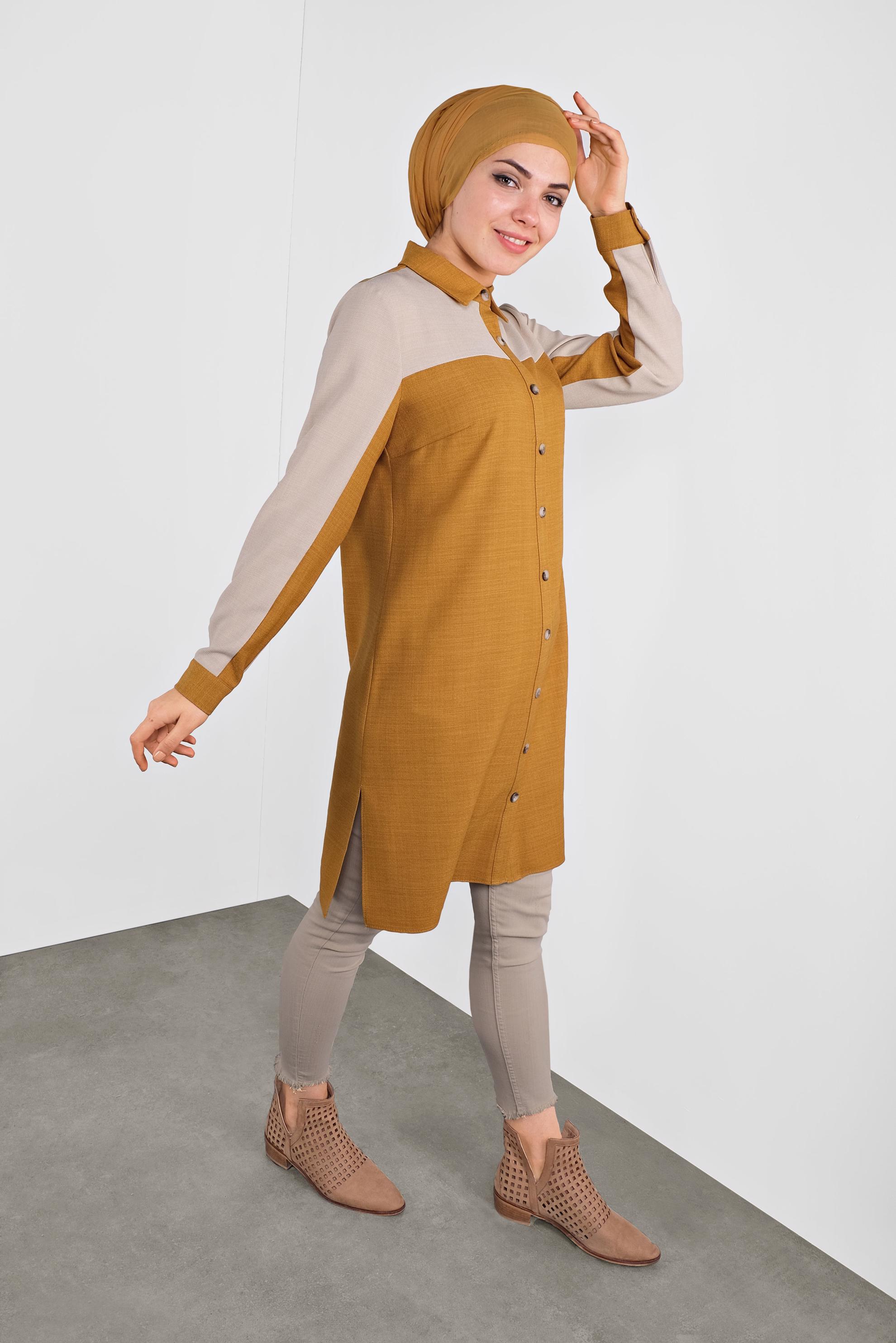 Tesettür giyim SARI İKİ RENK BOYDAN DÜĞMELİ TUNİK 41140 