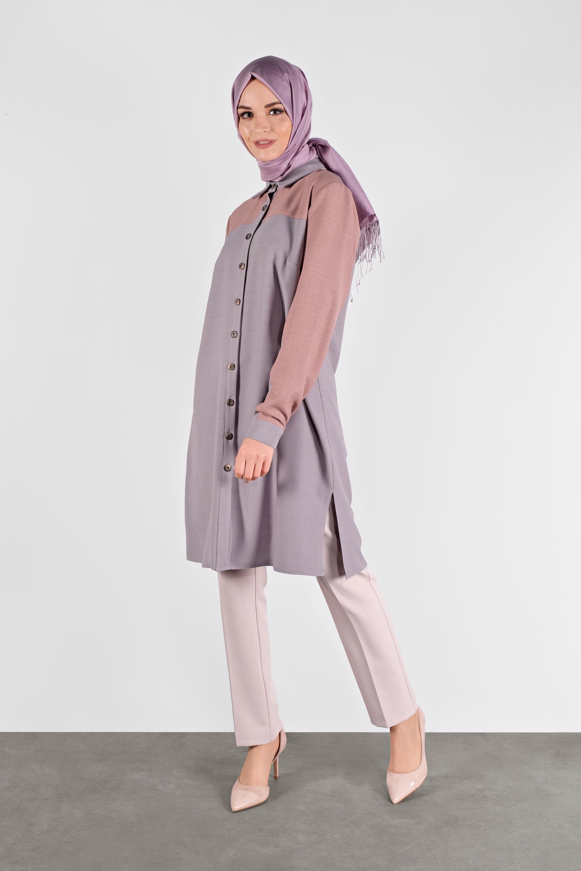 Tesettür giyim GRİ İKİ RENK BOYDAN DÜĞMELİ TUNİK 41140 