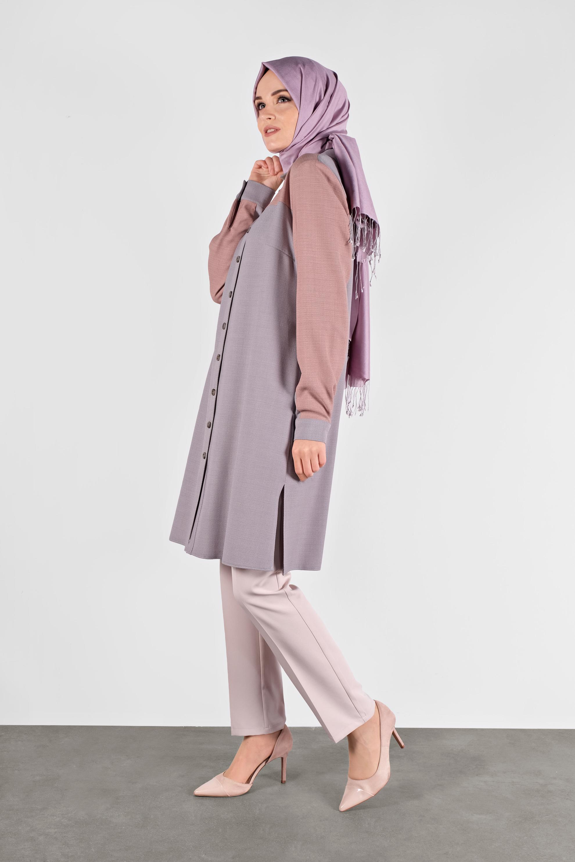 Tesettür giyim GRİ İKİ RENK BOYDAN DÜĞMELİ TUNİK 41140 