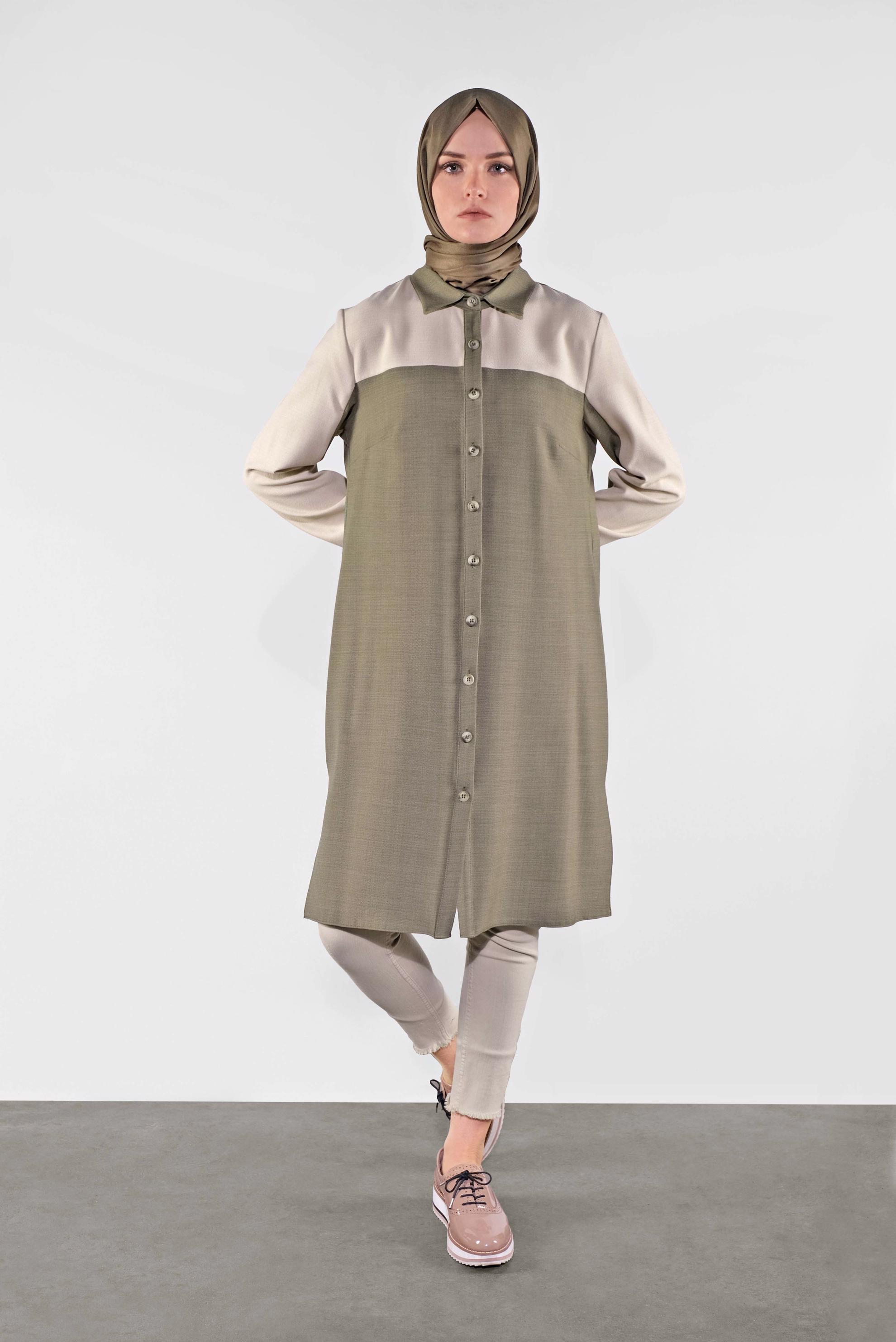 Tesettür giyim HAKİ İKİ RENK BOYDAN DÜĞMELİ TUNİK 41140 