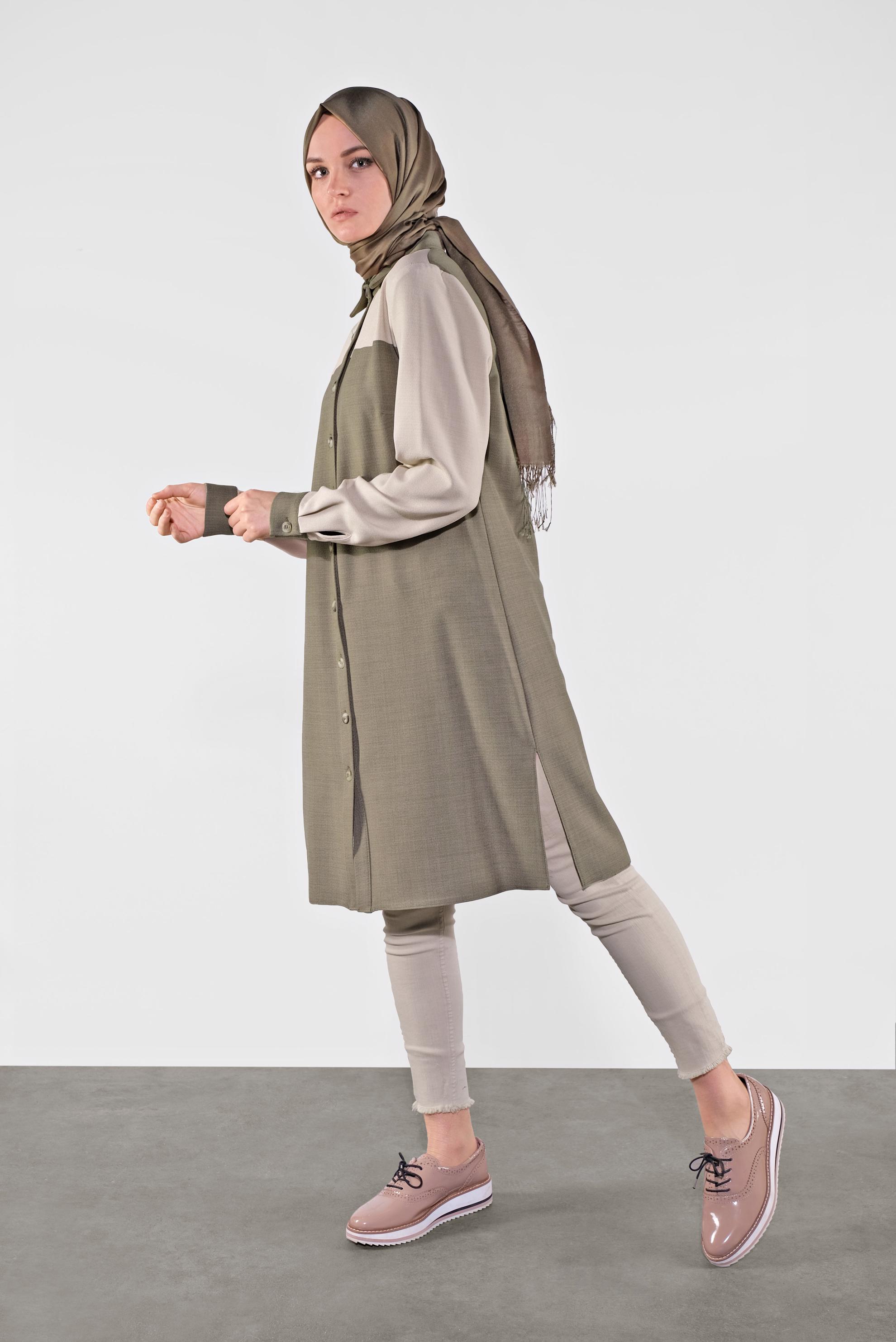 Tesettür giyim HAKİ İKİ RENK BOYDAN DÜĞMELİ TUNİK 41140 