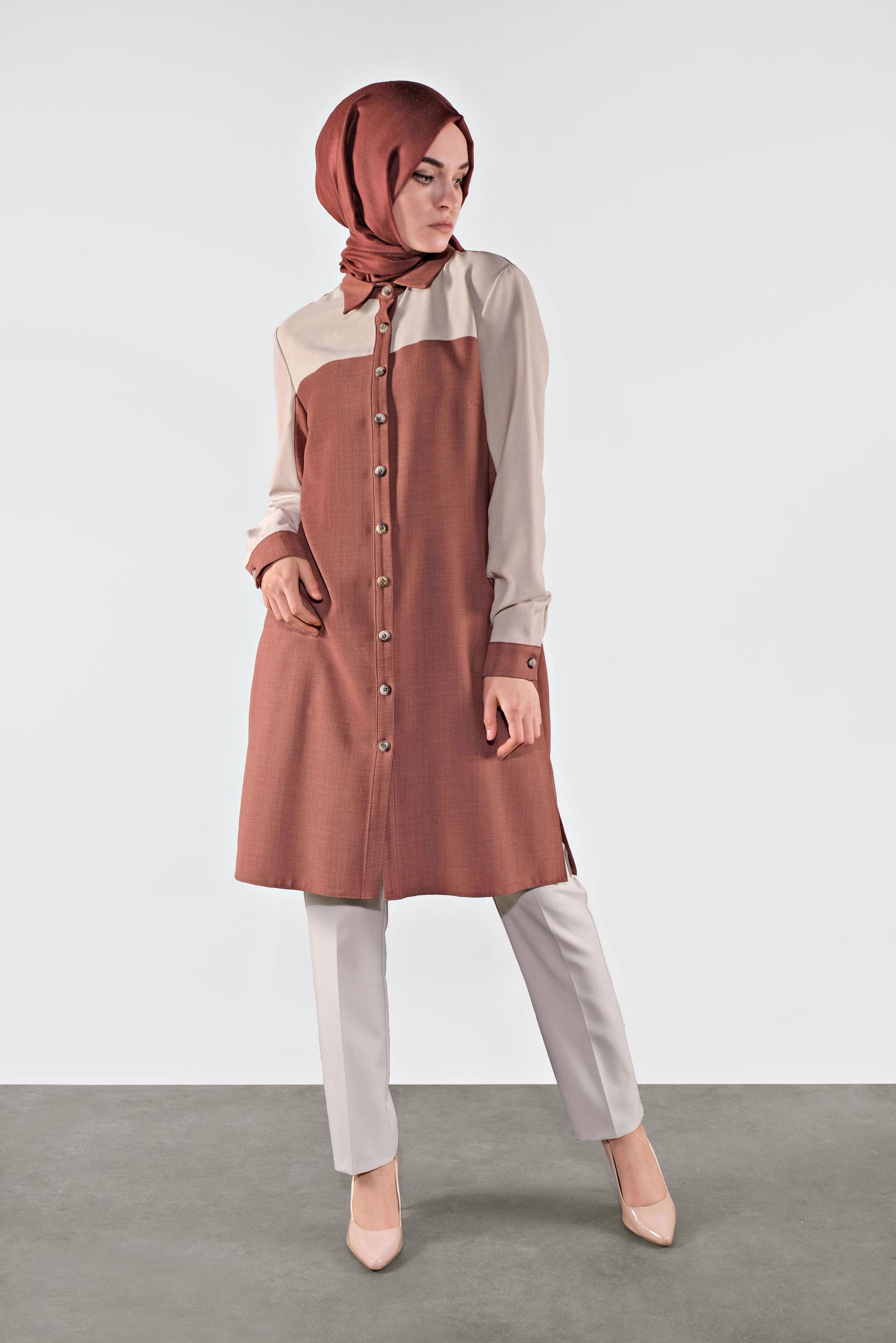 Tesettür giyim KAHVE İKİ RENK BOYDAN DÜĞMELİ TUNİK 41140 