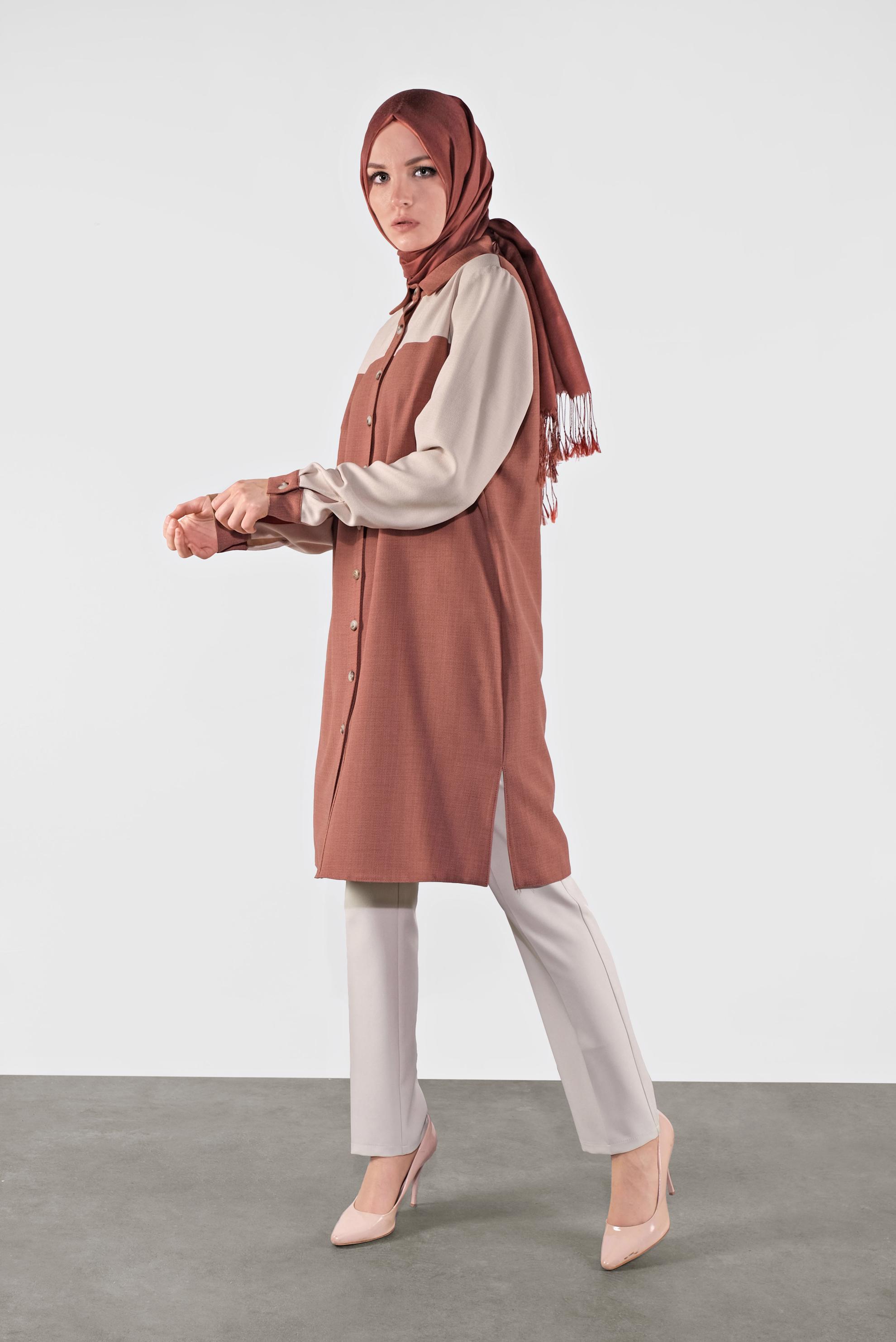 Tesettür giyim KAHVE İKİ RENK BOYDAN DÜĞMELİ TUNİK 41140 