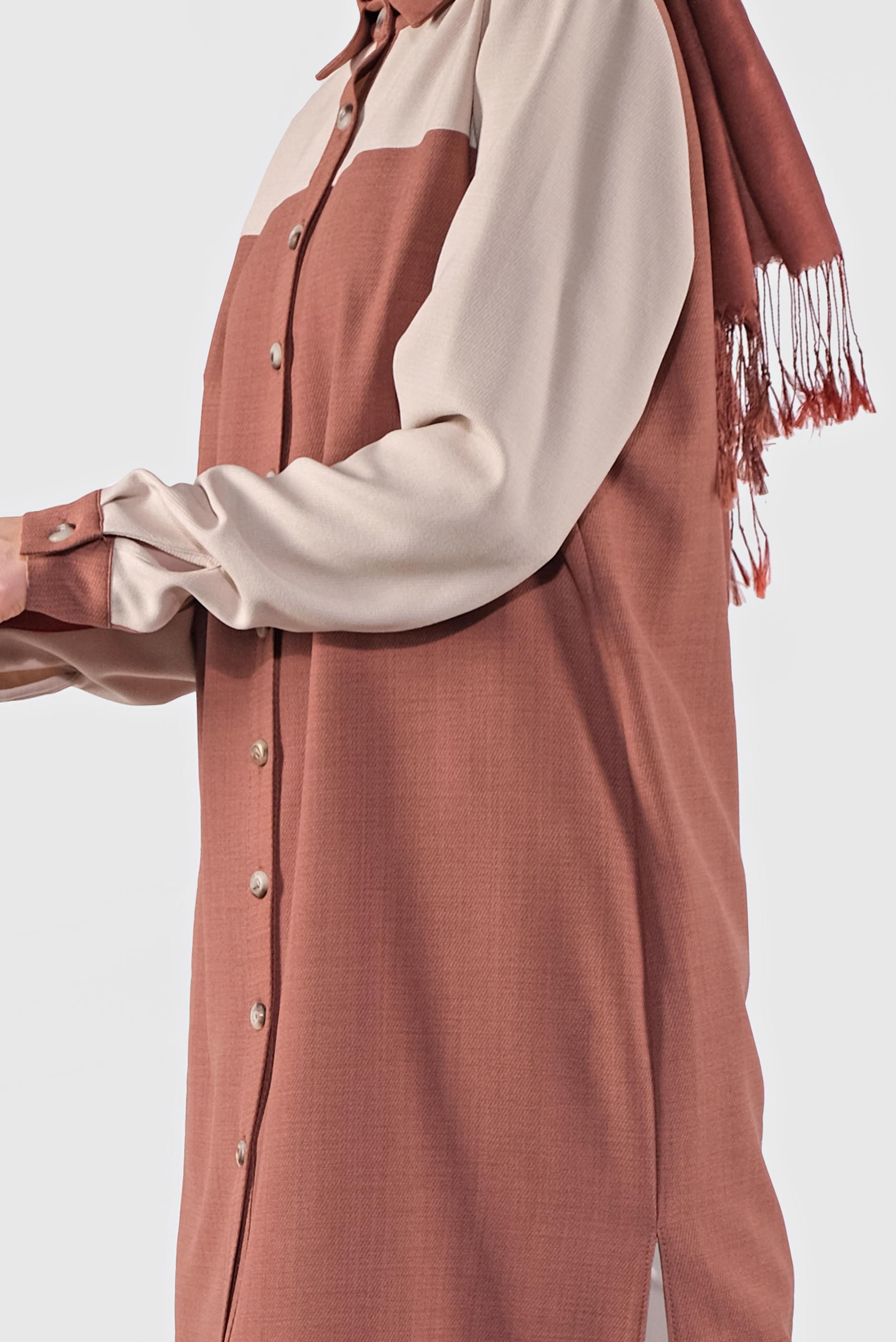 Tesettür giyim KAHVE İKİ RENK BOYDAN DÜĞMELİ TUNİK 41140 