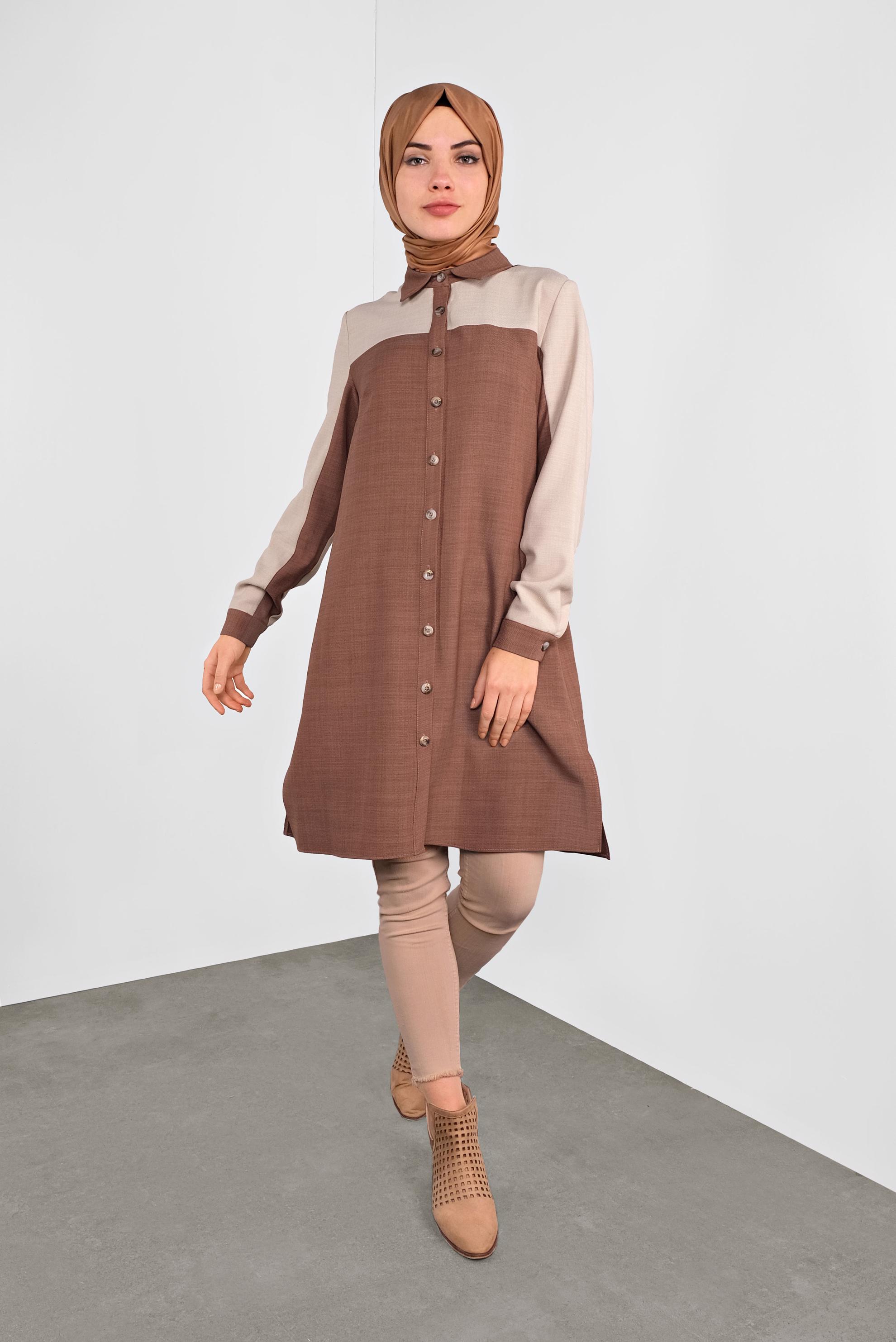 Tesettür giyim KAHVE İKİ RENK BOYDAN DÜĞMELİ TUNİK 41140 