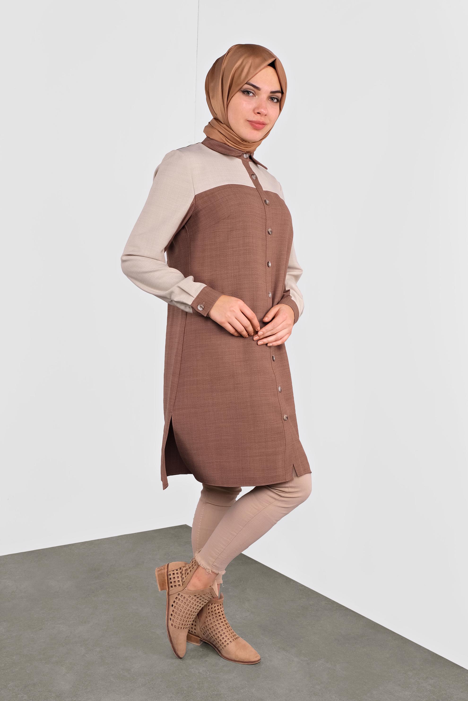 Tesettür giyim KAHVE İKİ RENK BOYDAN DÜĞMELİ TUNİK 41140 