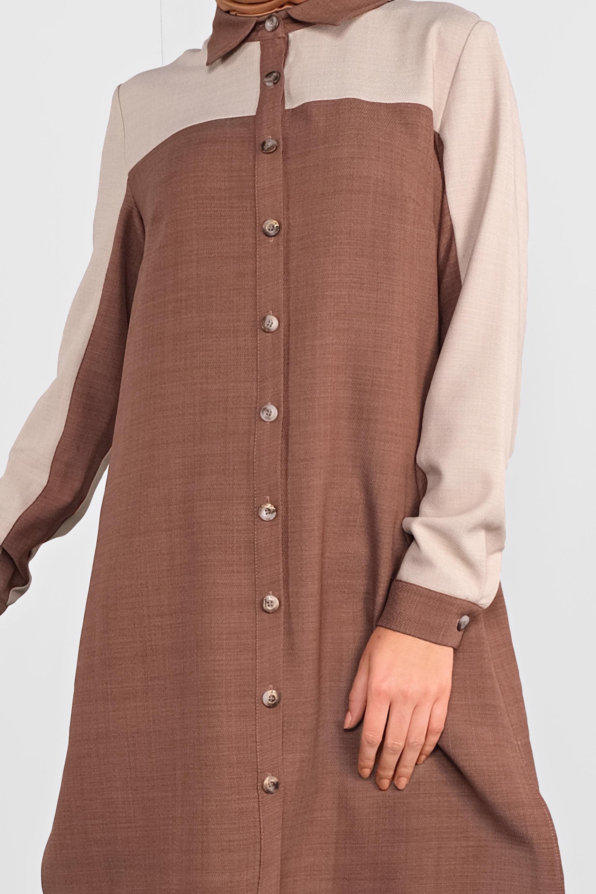 Tesettür giyim KAHVE İKİ RENK BOYDAN DÜĞMELİ TUNİK 41140 
