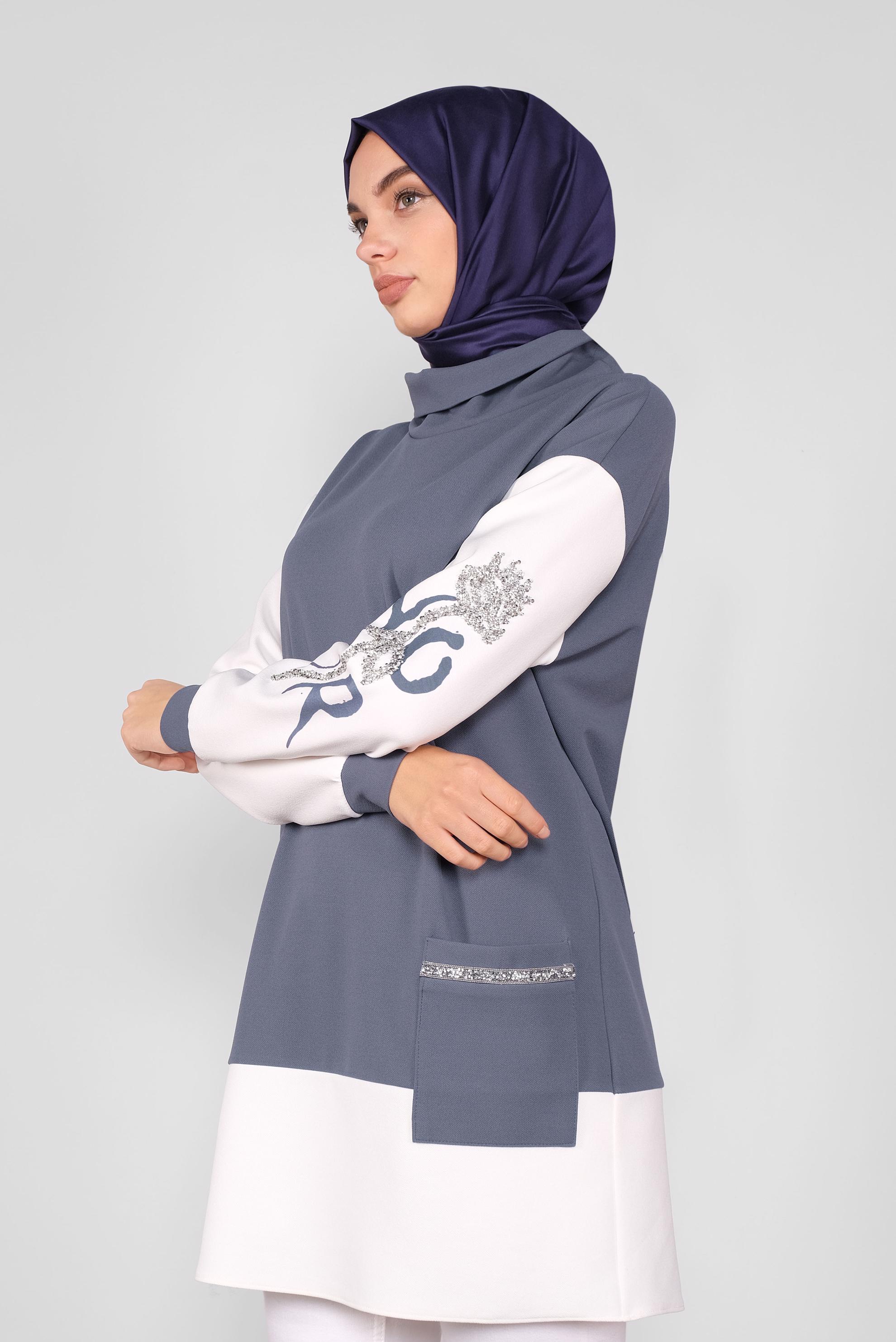 Tesettür giyim GRİ KOLLARI TAŞLI CEPLİ TUNİK 41154