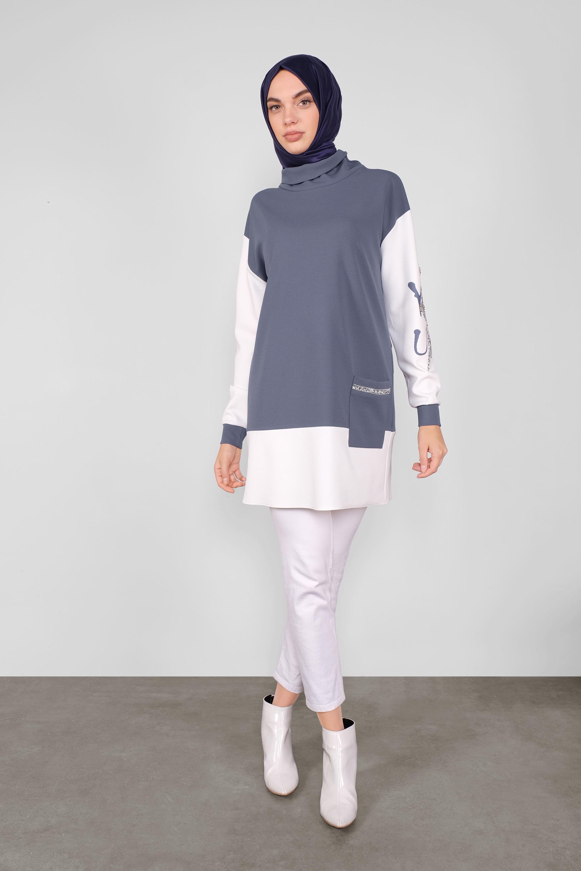 Tesettür giyim GRİ KOLLARI TAŞLI CEPLİ TUNİK 41154