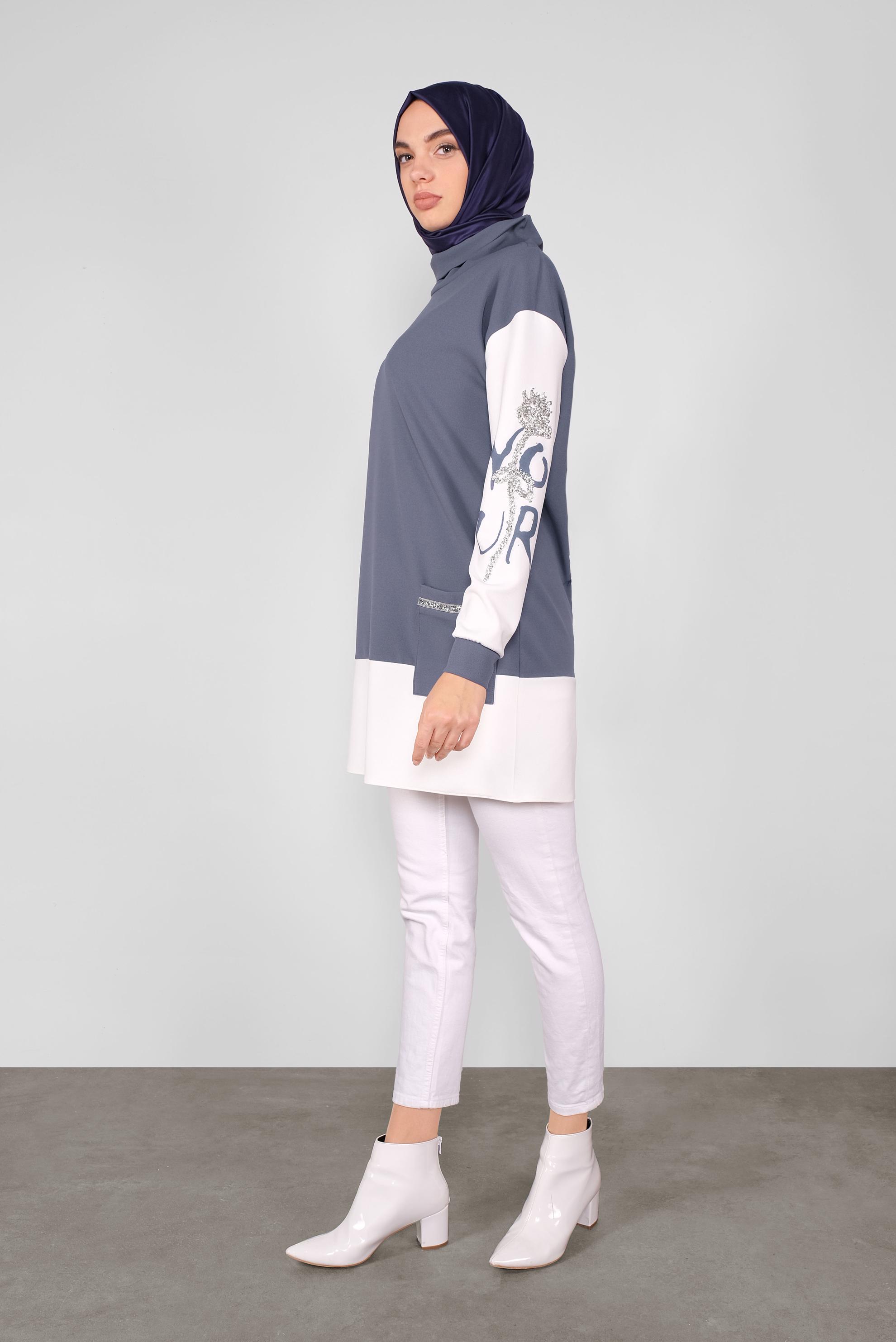 Tesettür giyim GRİ KOLLARI TAŞLI CEPLİ TUNİK 41154