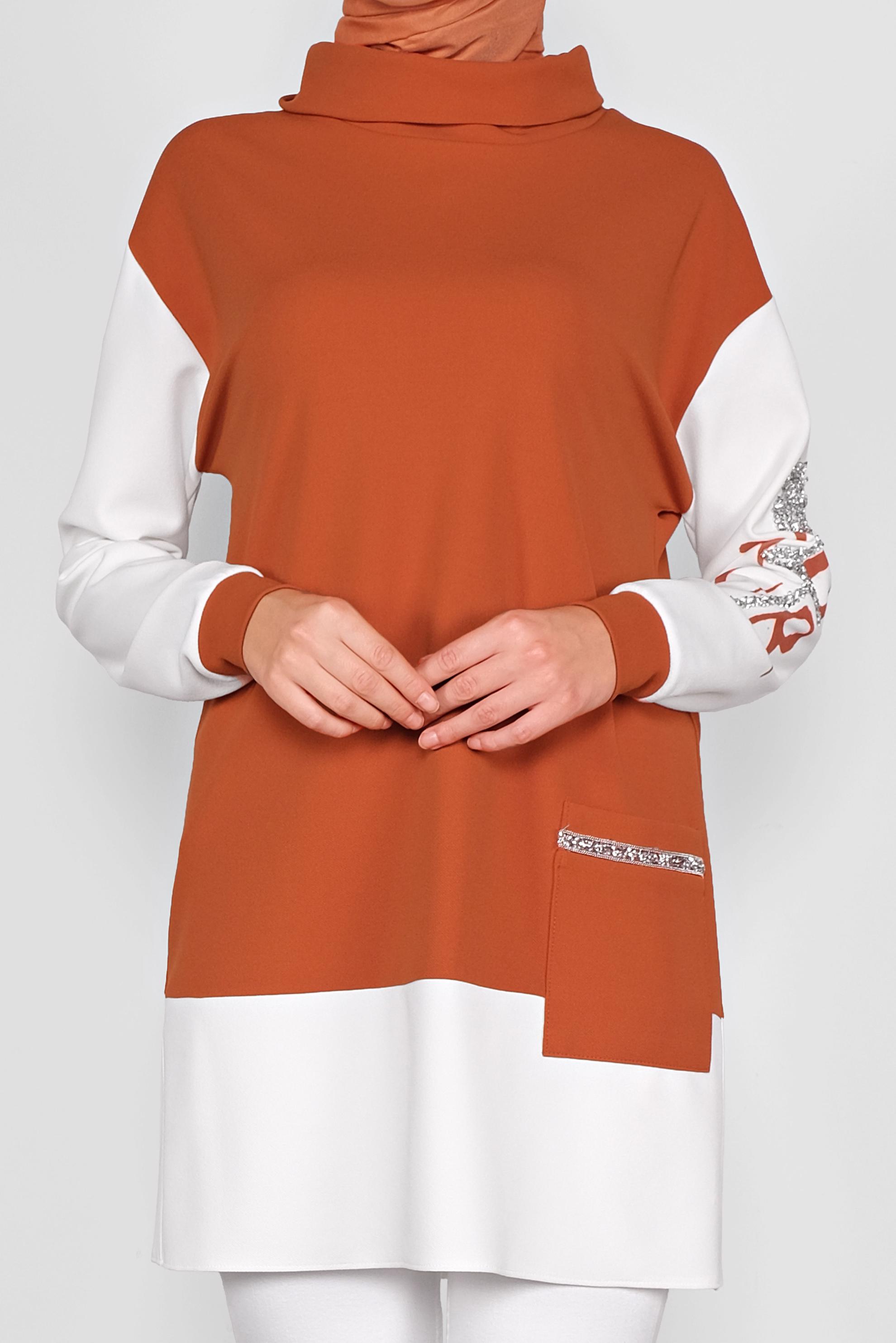 Tesettür giyim TURUNCU KOLLARI TAŞLI CEPLİ TUNİK 41154