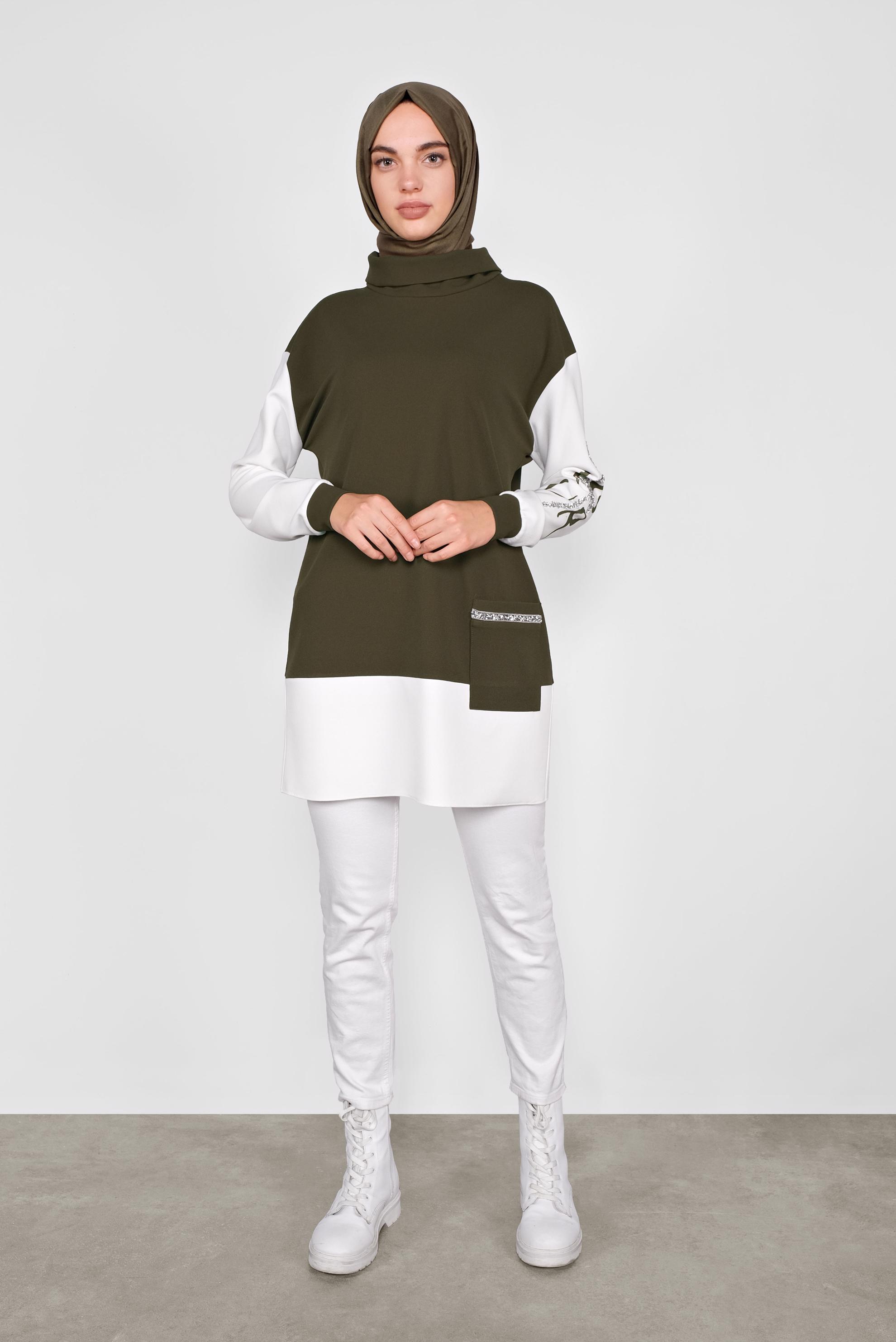 Tesettür giyim HAKİ KOLLARI TAŞLI CEPLİ TUNİK 41154