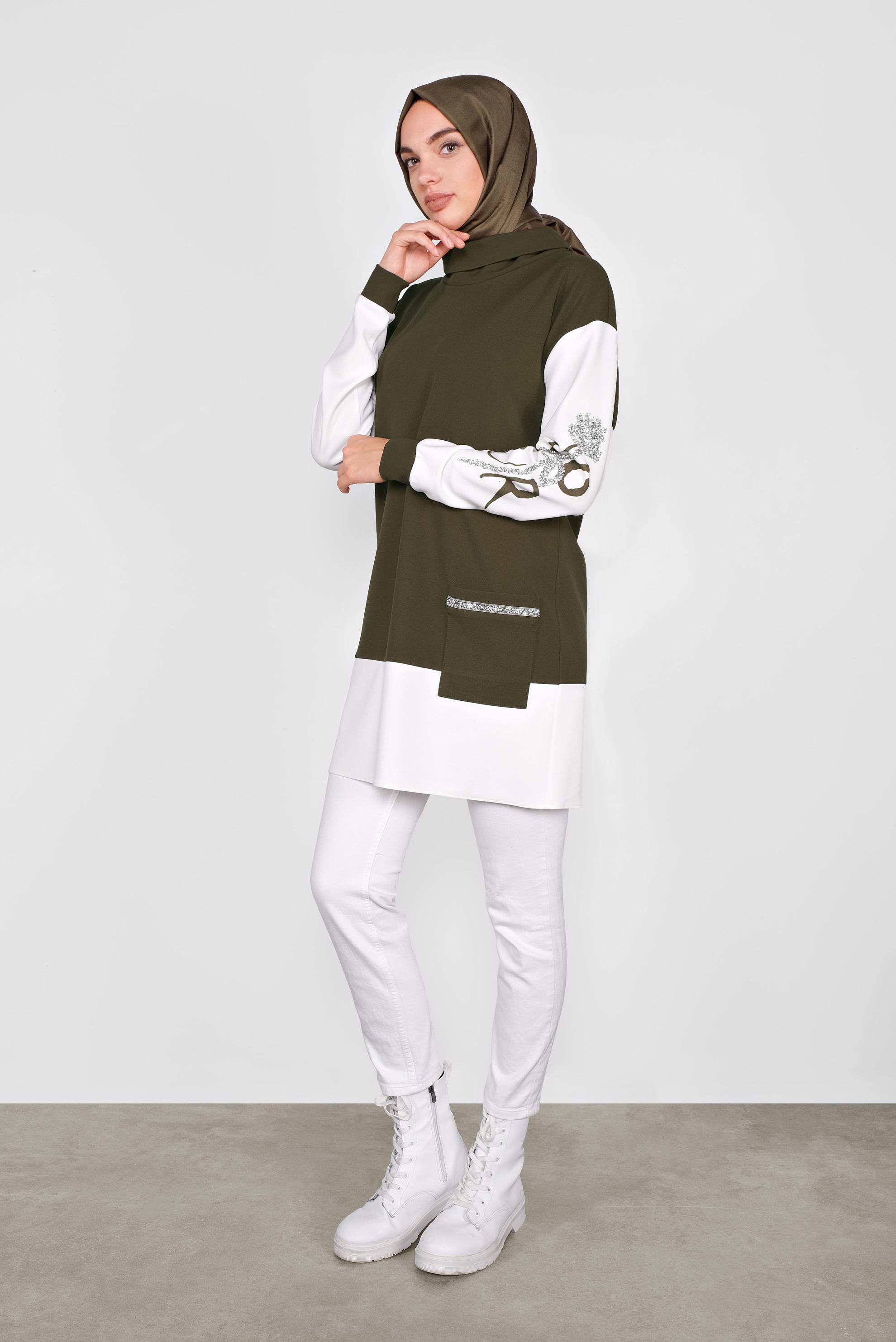 Tesettür giyim HAKİ KOLLARI TAŞLI CEPLİ TUNİK 41154