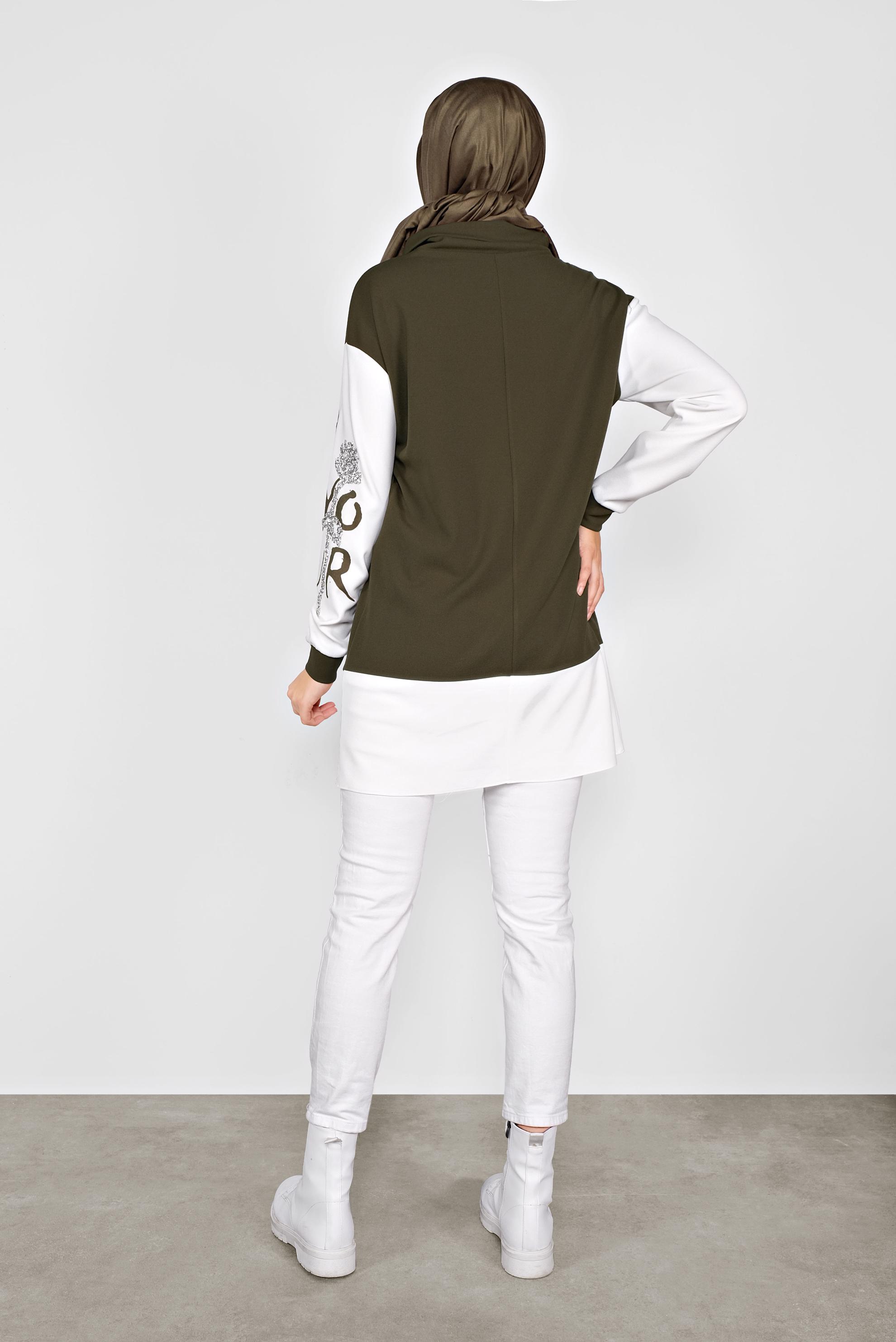 Tesettür giyim HAKİ KOLLARI TAŞLI CEPLİ TUNİK 41154