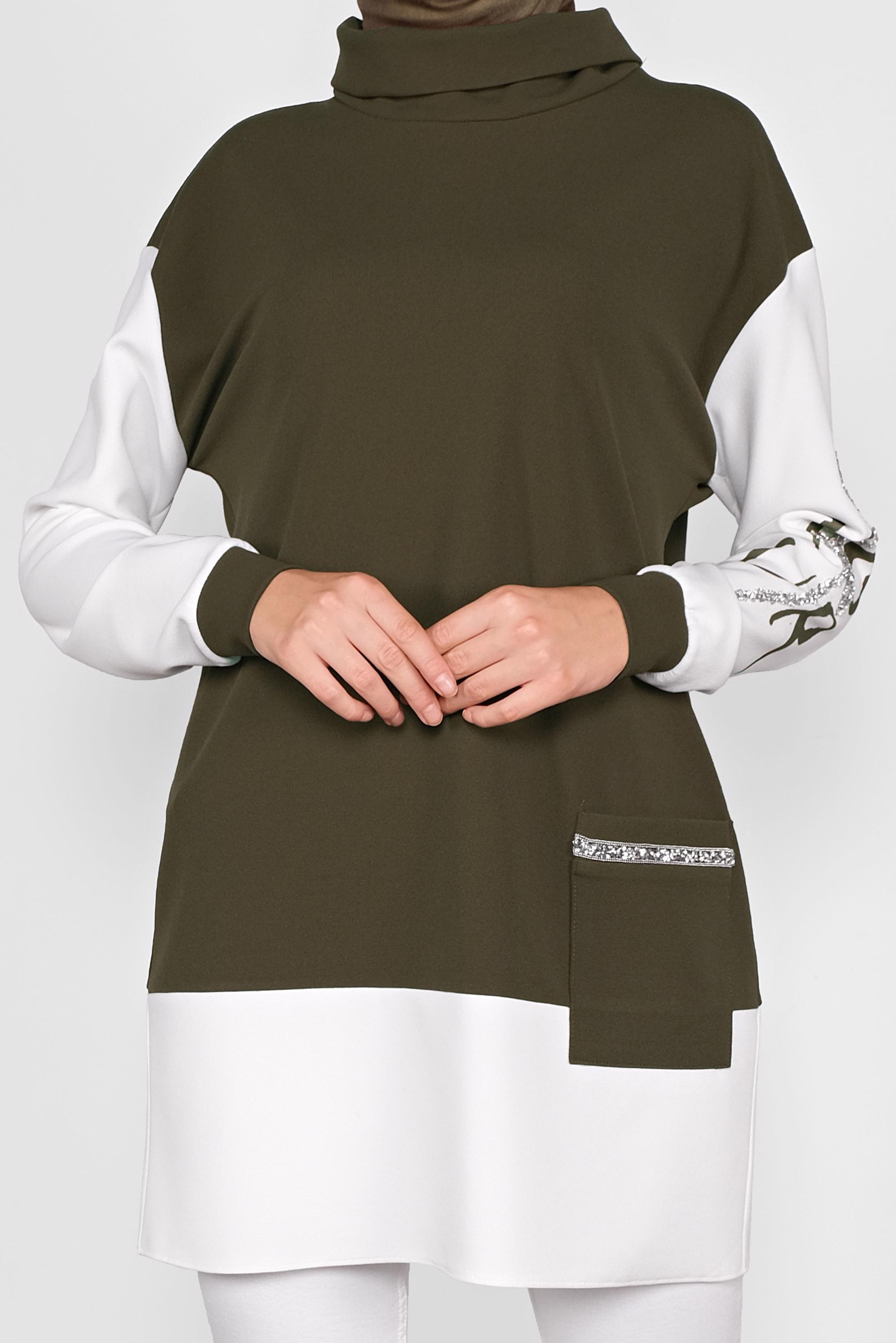 Tesettür giyim HAKİ KOLLARI TAŞLI CEPLİ TUNİK 41154