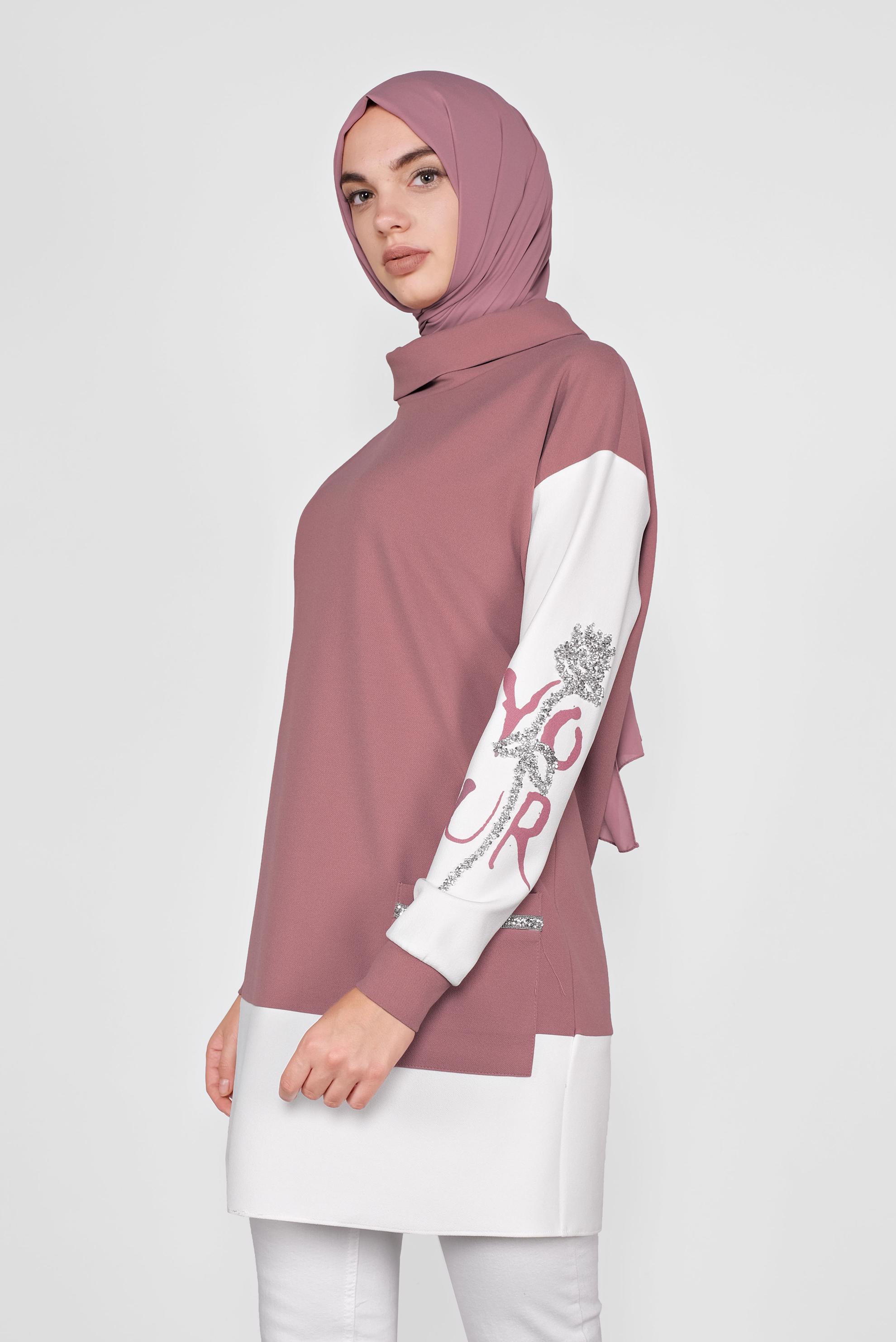 Tesettür giyim PUDRA KOLLARI TAŞLI CEPLİ TUNİK 41154