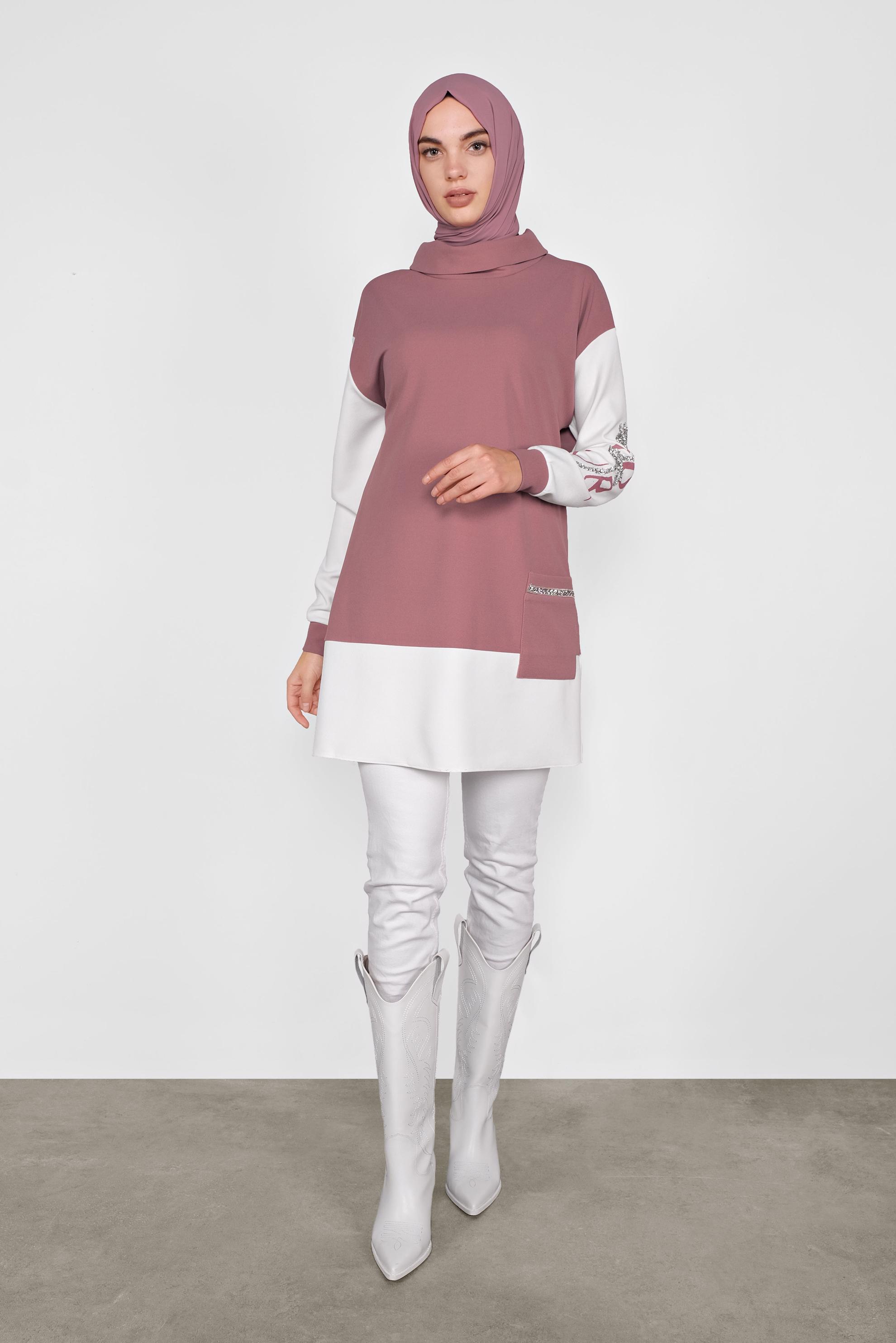 Tesettür giyim PUDRA KOLLARI TAŞLI CEPLİ TUNİK 41154