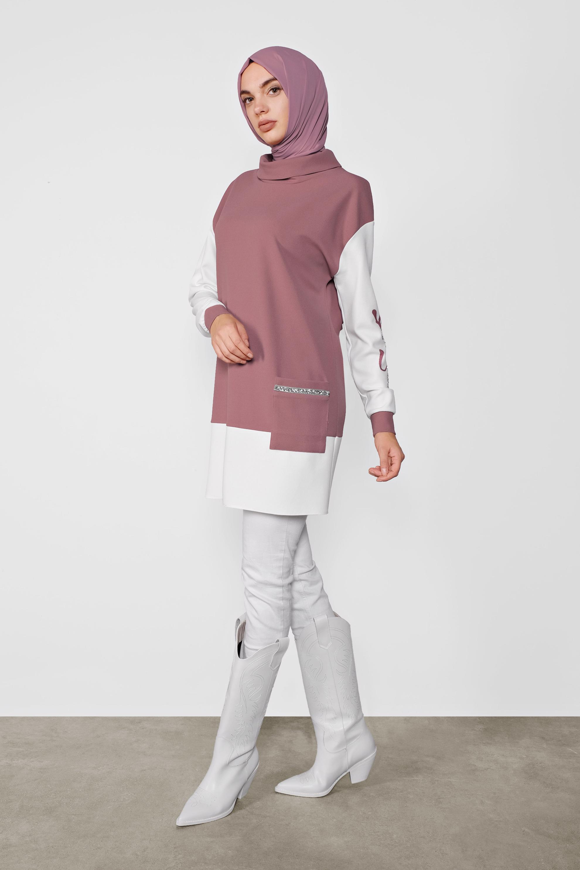 Tesettür giyim PUDRA KOLLARI TAŞLI CEPLİ TUNİK 41154