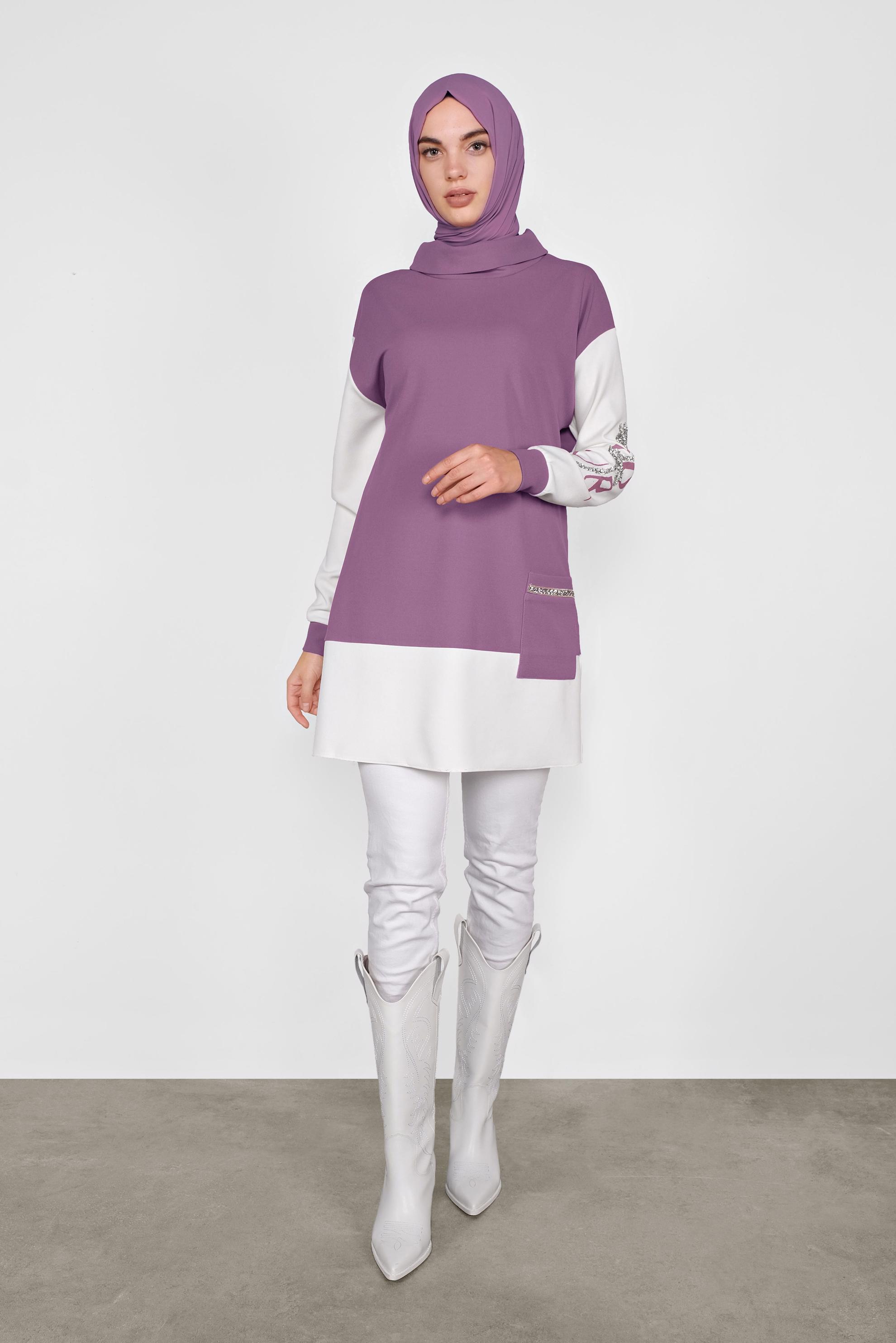 Tesettür giyim MOR KOLLARI TAŞLI CEPLİ TUNİK 41154