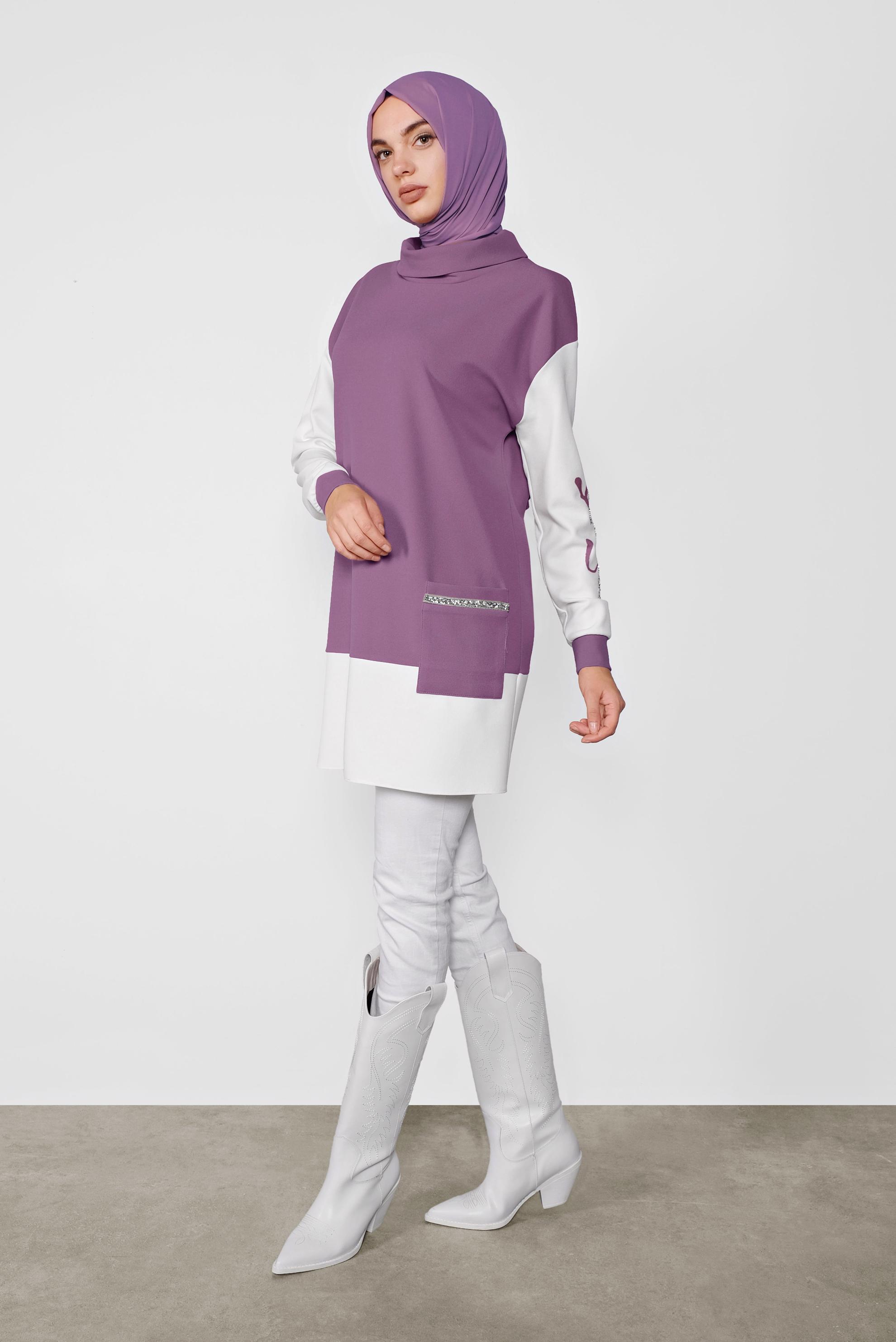 Tesettür giyim MOR KOLLARI TAŞLI CEPLİ TUNİK 41154