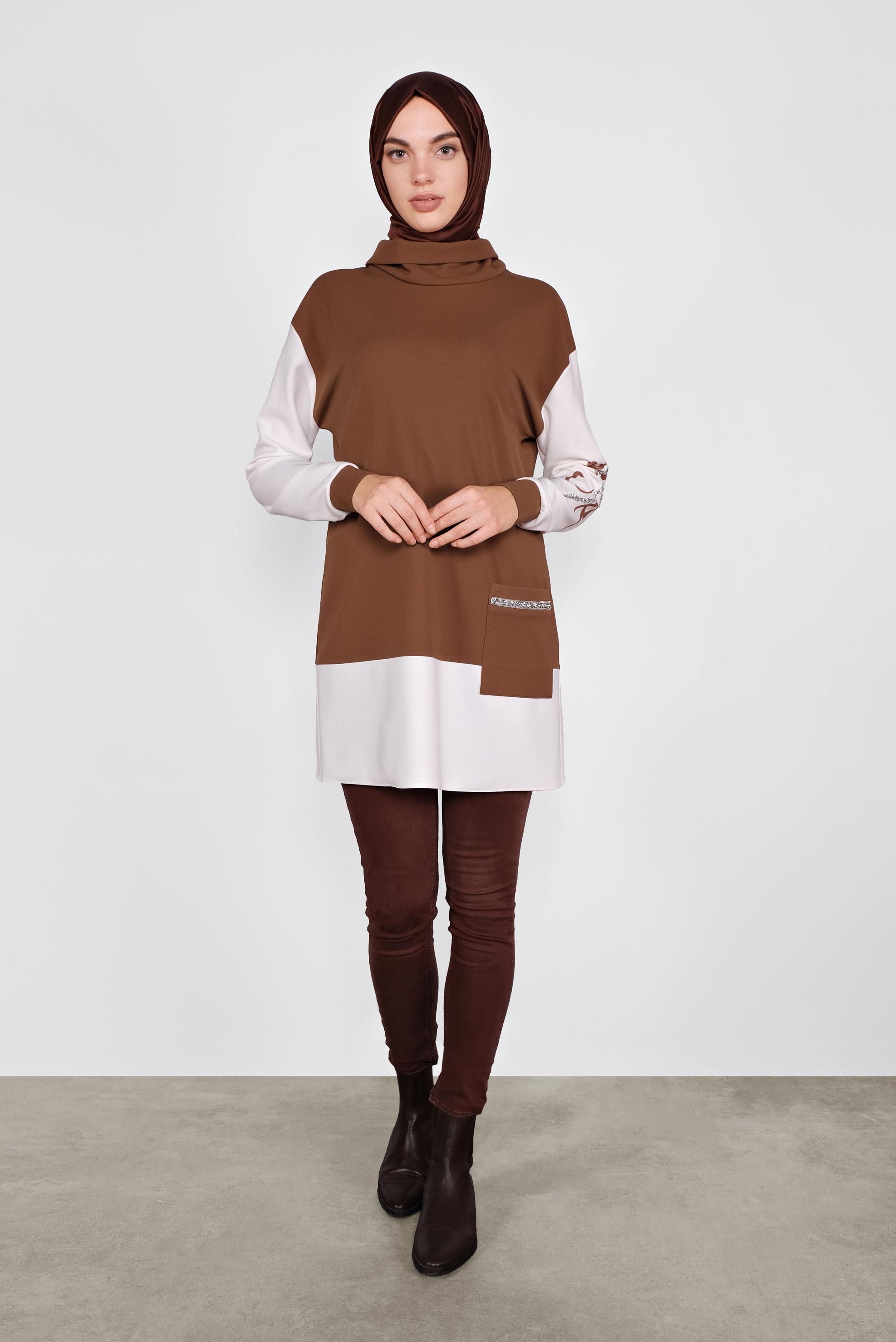 Tesettür giyim KAHVE KOLLARI TAŞLI CEPLİ TUNİK 41154