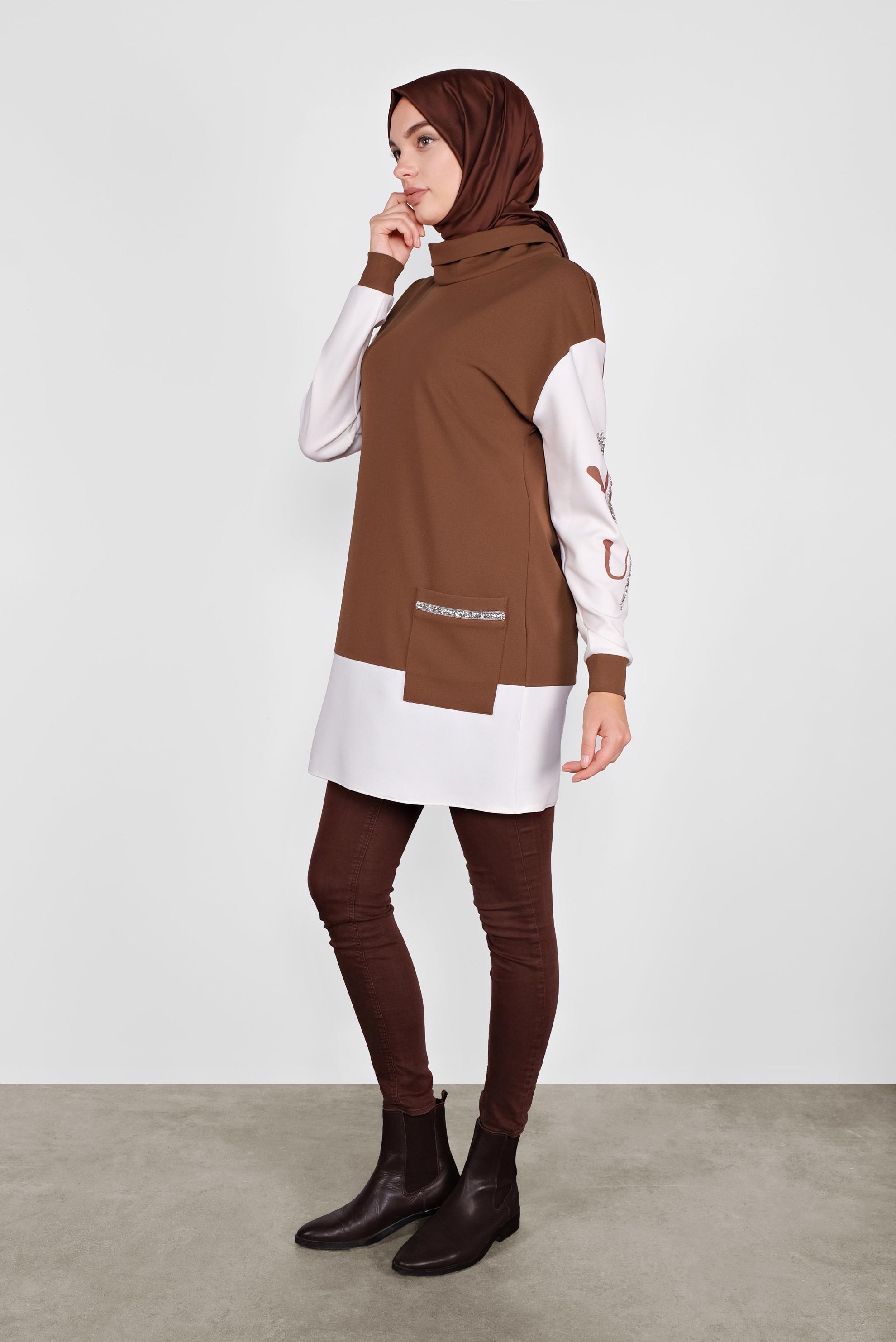 Tesettür giyim KAHVE KOLLARI TAŞLI CEPLİ TUNİK 41154