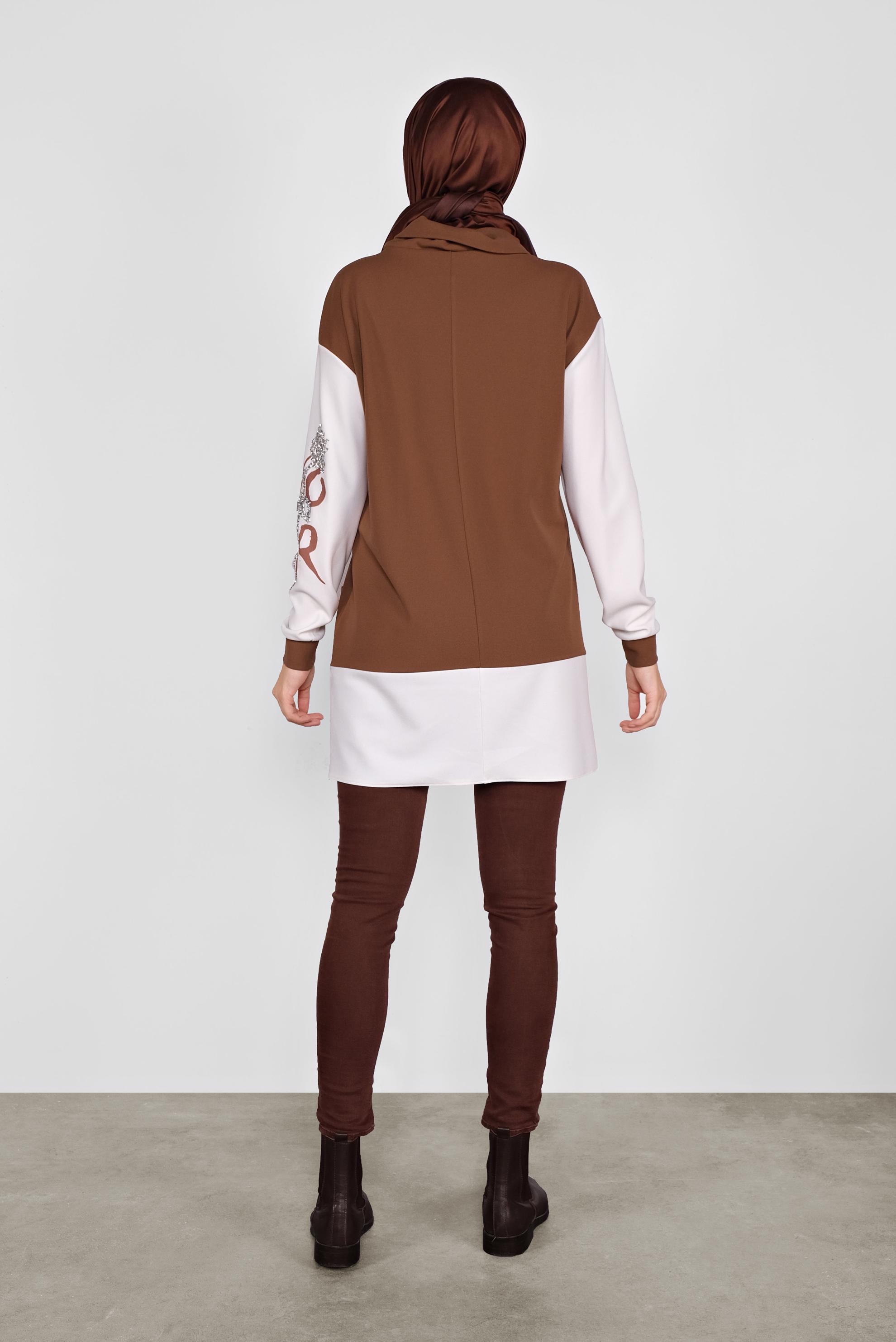 Tesettür giyim KAHVE KOLLARI TAŞLI CEPLİ TUNİK 41154