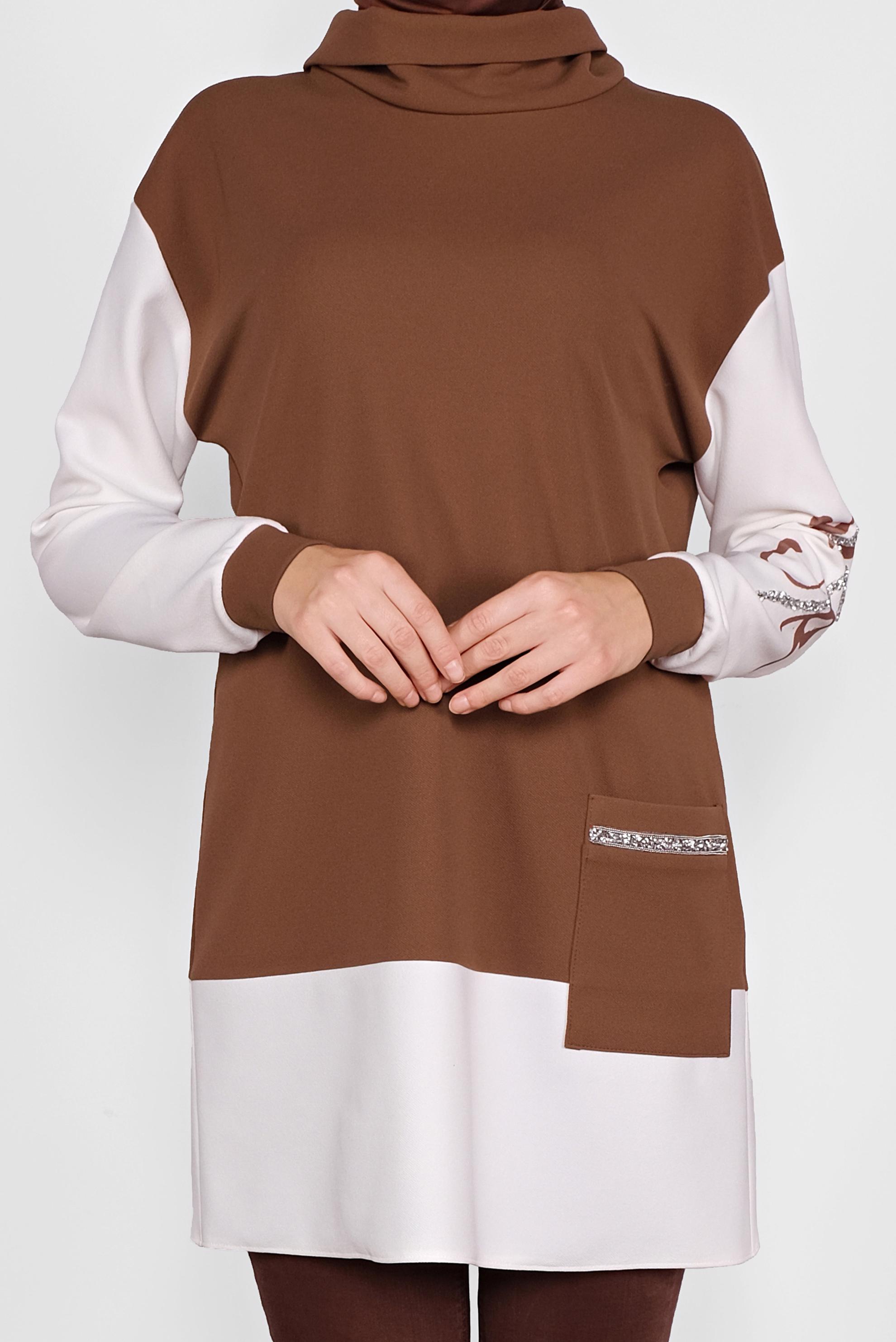 Tesettür giyim KAHVE KOLLARI TAŞLI CEPLİ TUNİK 41154