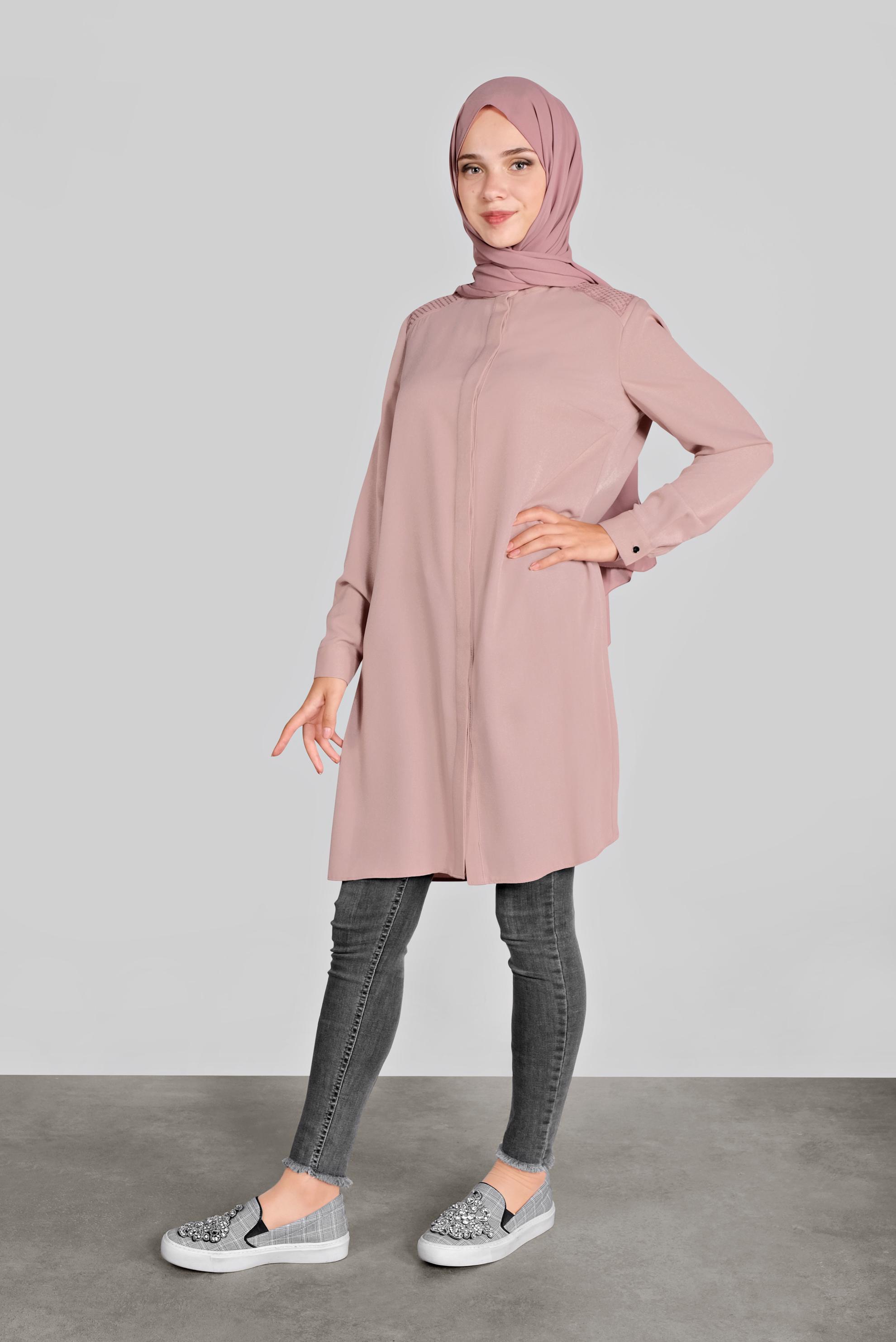 Tesettür giyim PUDRA GİZLİ DÜĞMELİ NAKIŞLI TUNİK 41165 