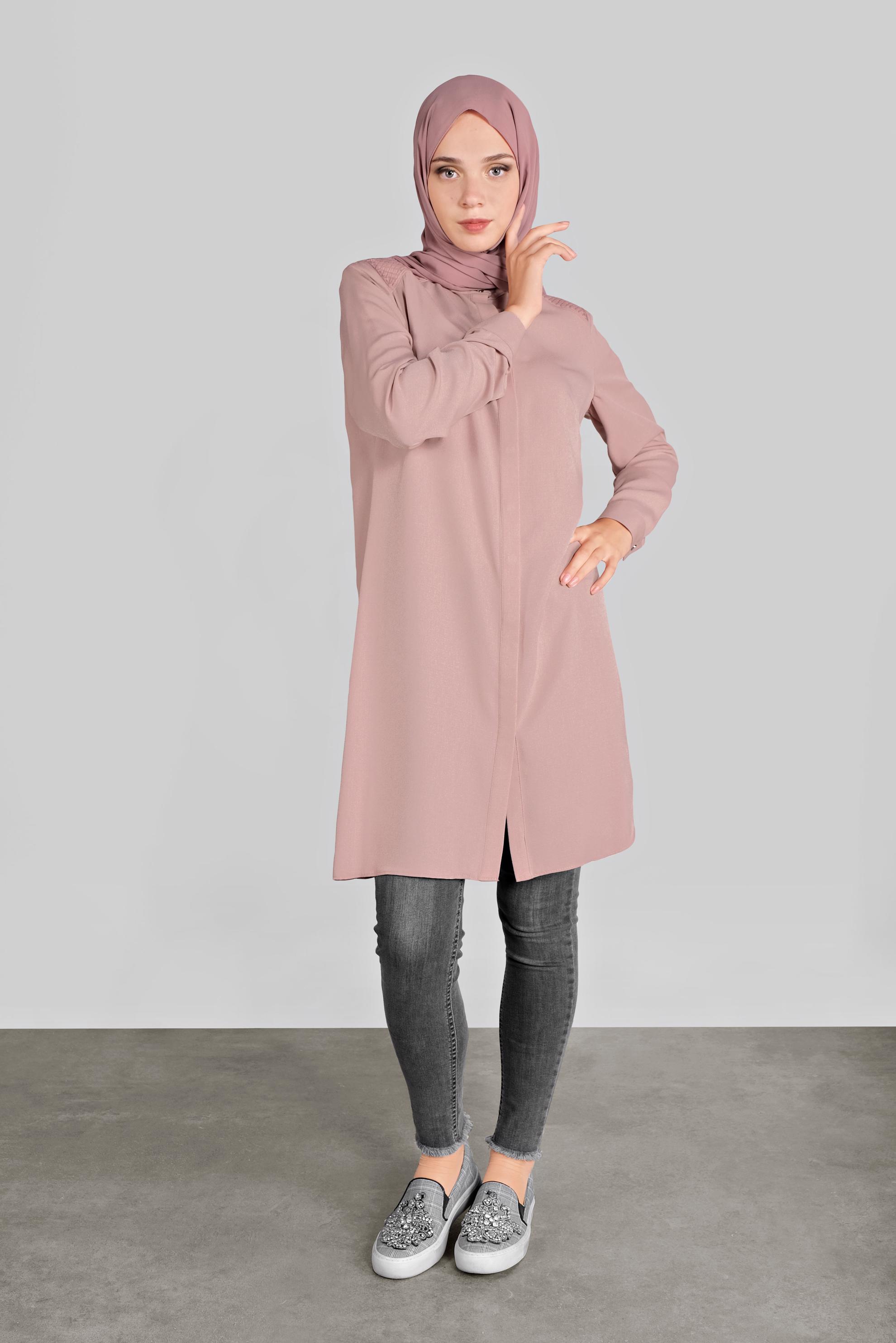 Tesettür giyim PUDRA GİZLİ DÜĞMELİ NAKIŞLI TUNİK 41165 