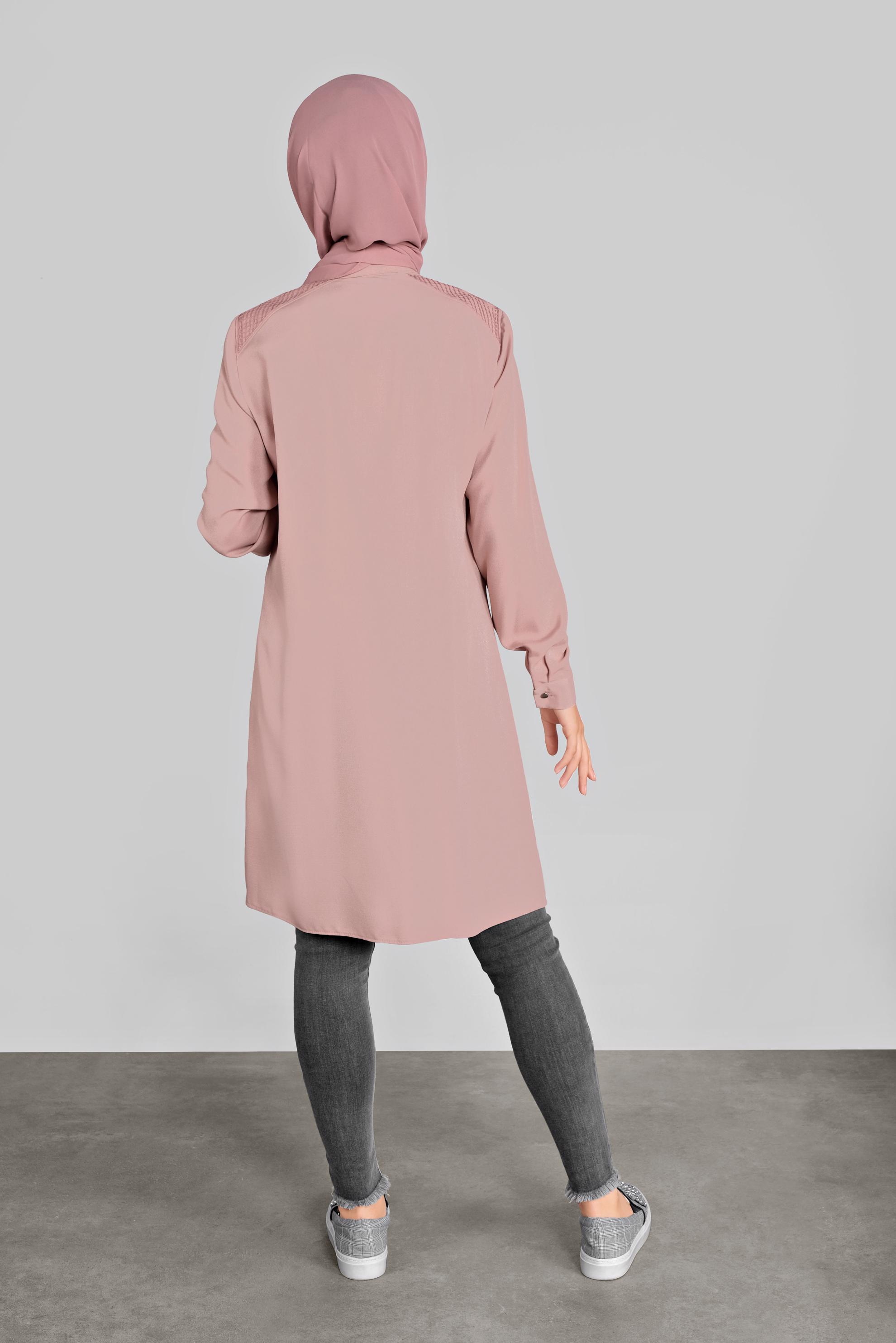 Tesettür giyim PUDRA GİZLİ DÜĞMELİ NAKIŞLI TUNİK 41165 