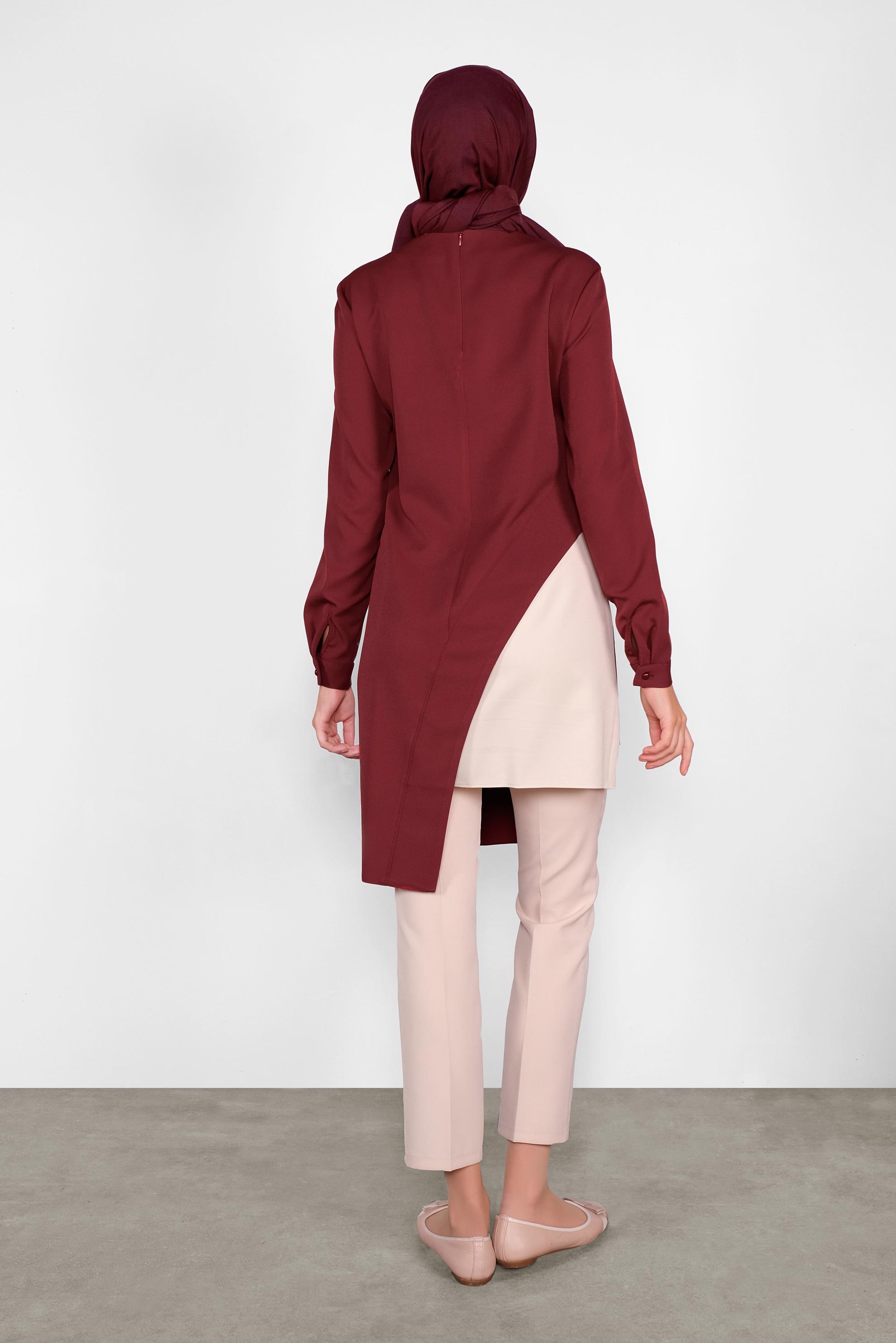 Tesettür giyim BORDO ASİMETRİK KESİM CEPLİ  TUNİK  41166 