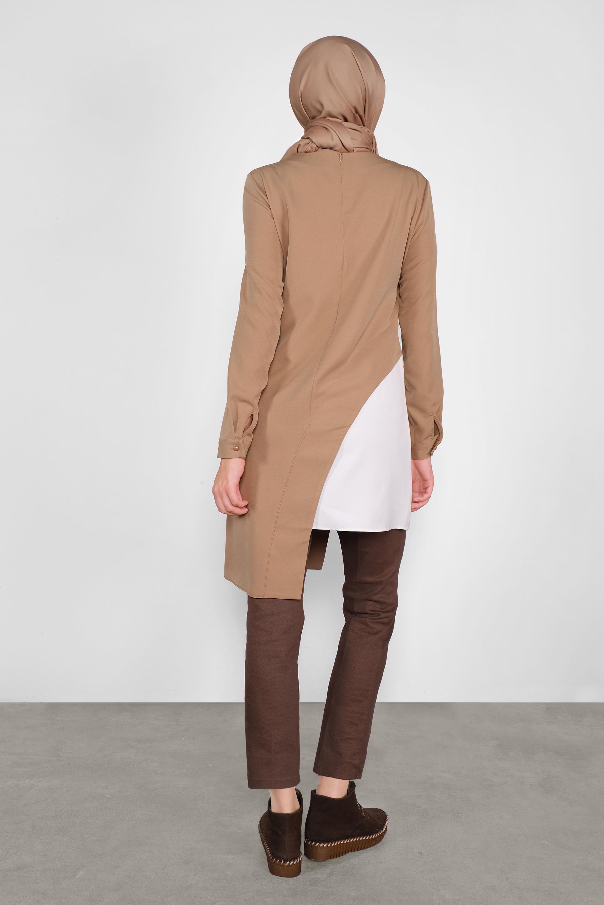 Tesettür giyim KAHVE ASİMETRİK KESİM CEPLİ  TUNİK  41166 