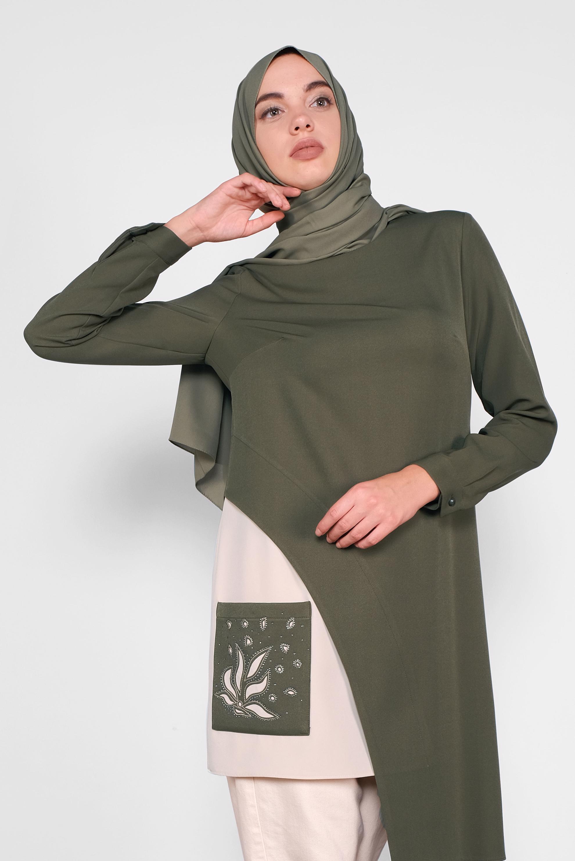 Tesettür giyim HAKİ ASİMETRİK KESİM CEPLİ  TUNİK  41166 