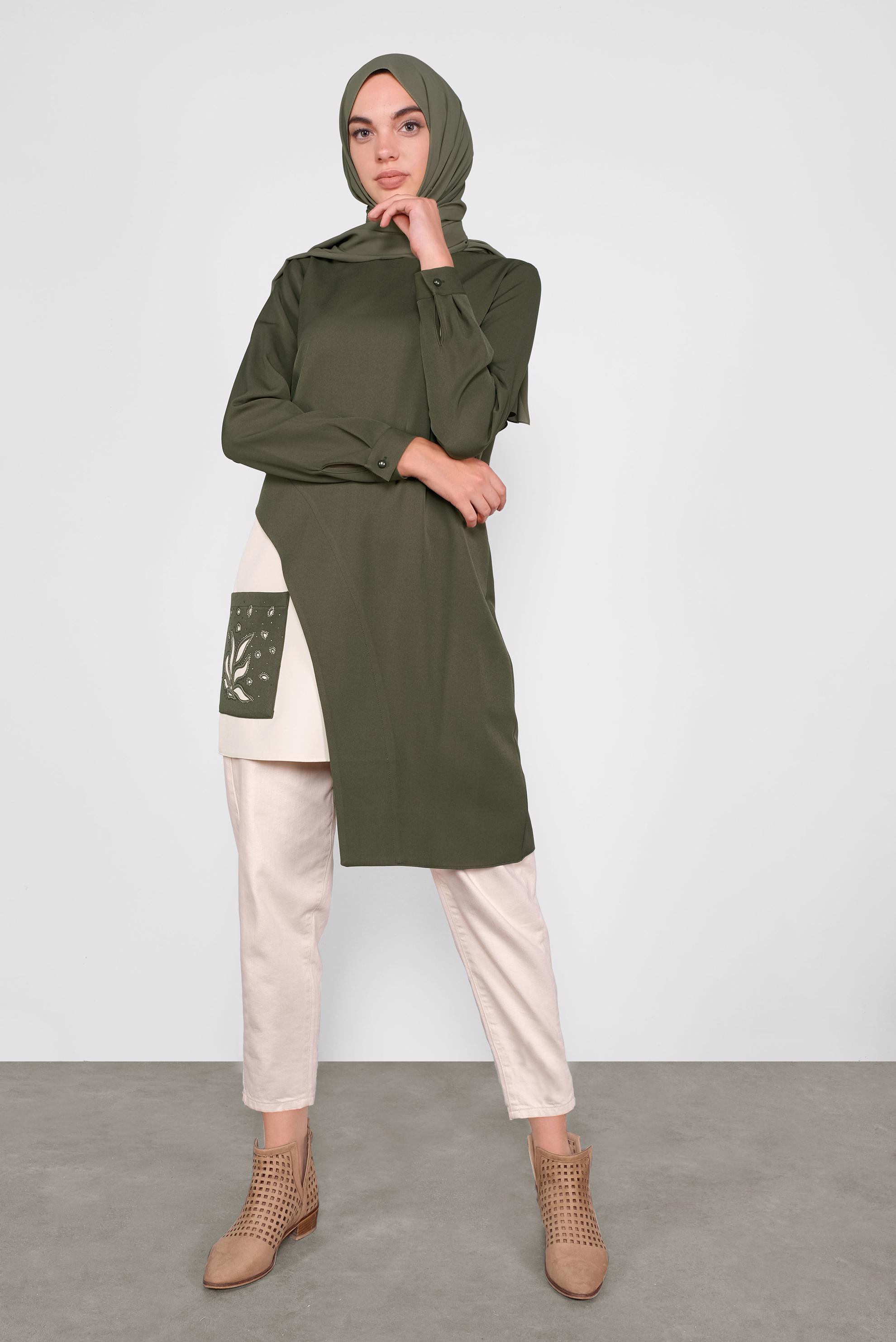 Tesettür giyim HAKİ ASİMETRİK KESİM CEPLİ  TUNİK  41166 