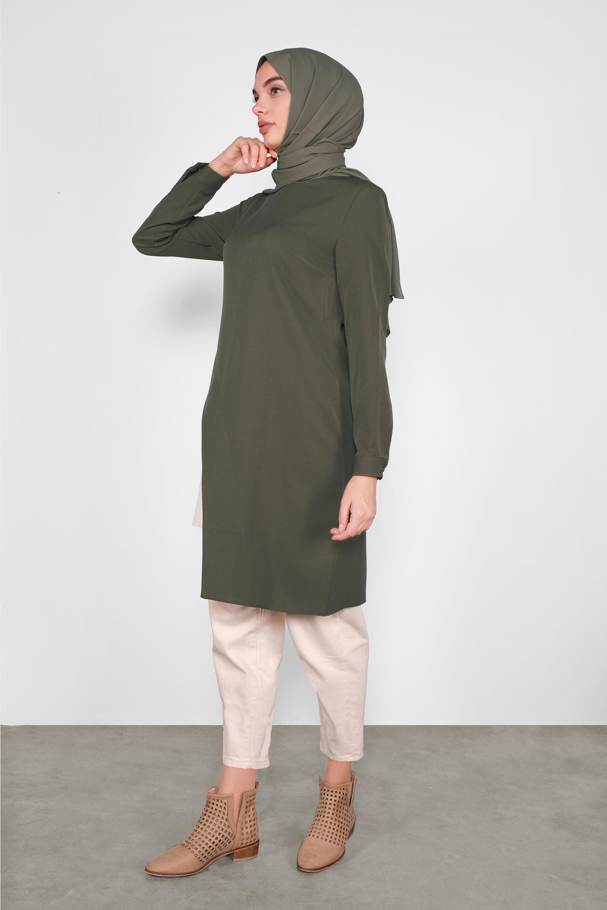 Tesettür giyim HAKİ ASİMETRİK KESİM CEPLİ  TUNİK  41166 