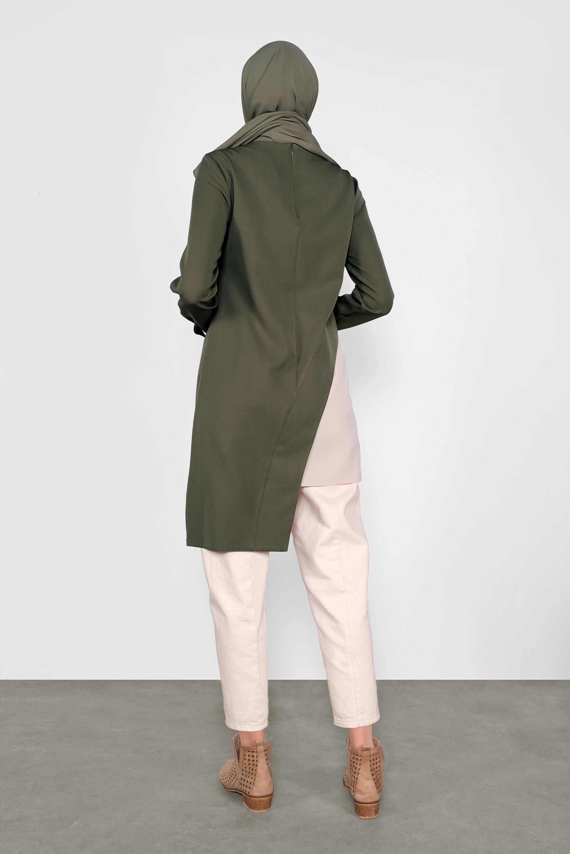 Tesettür giyim HAKİ ASİMETRİK KESİM CEPLİ  TUNİK  41166 