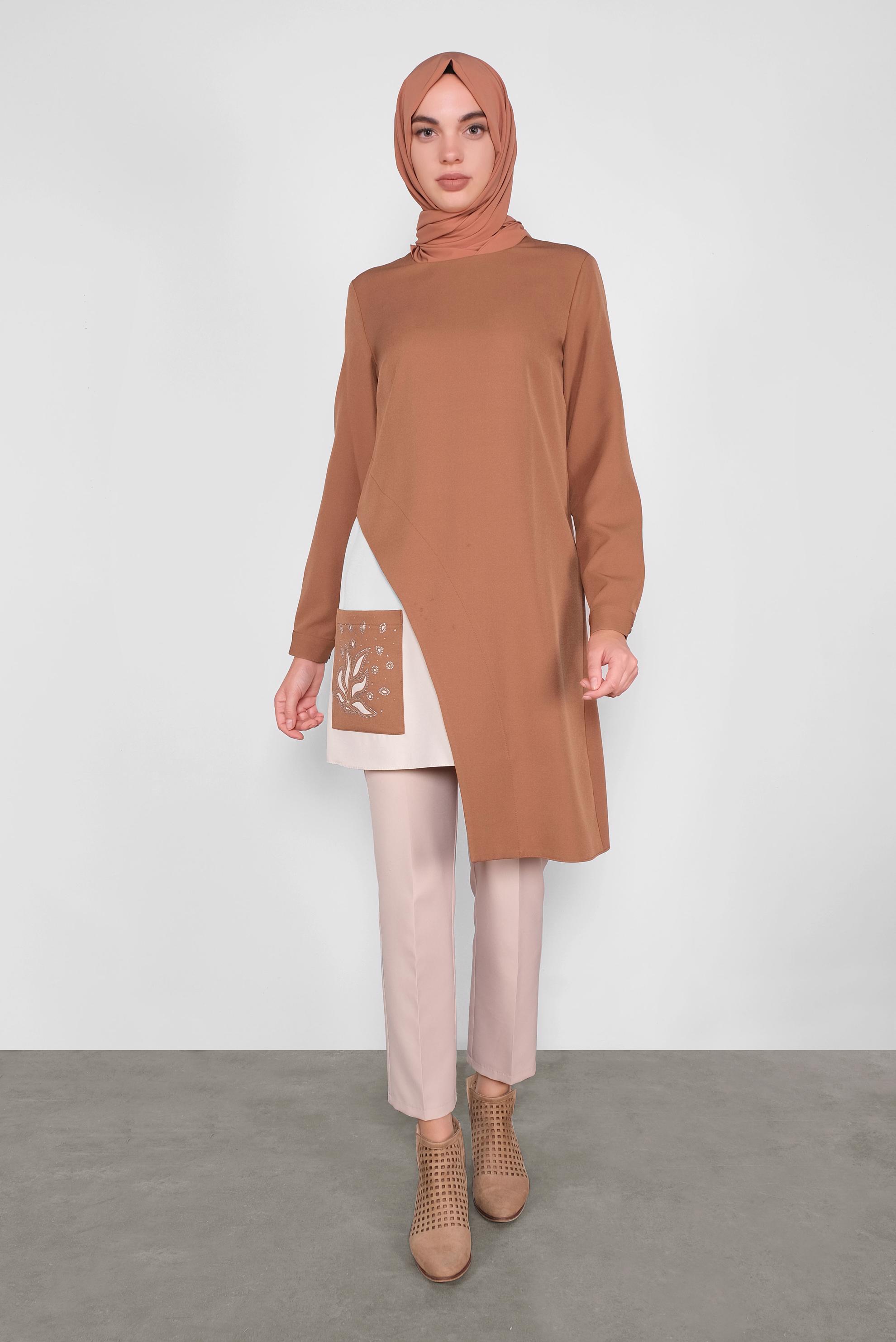 Tesettür giyim KAHVE ASİMETRİK KESİM CEPLİ  TUNİK  41166 