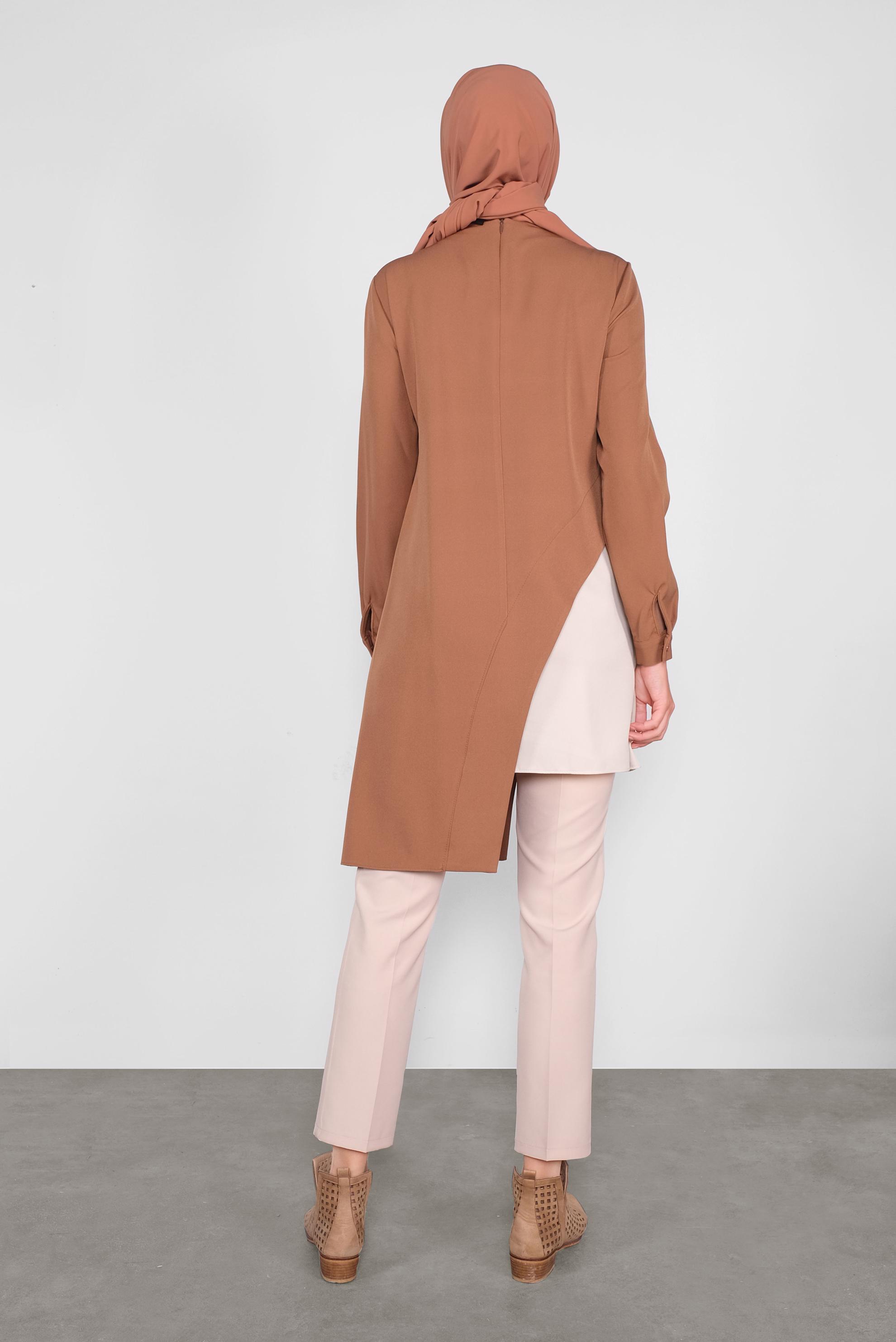 Tesettür giyim KAHVE ASİMETRİK KESİM CEPLİ  TUNİK  41166 