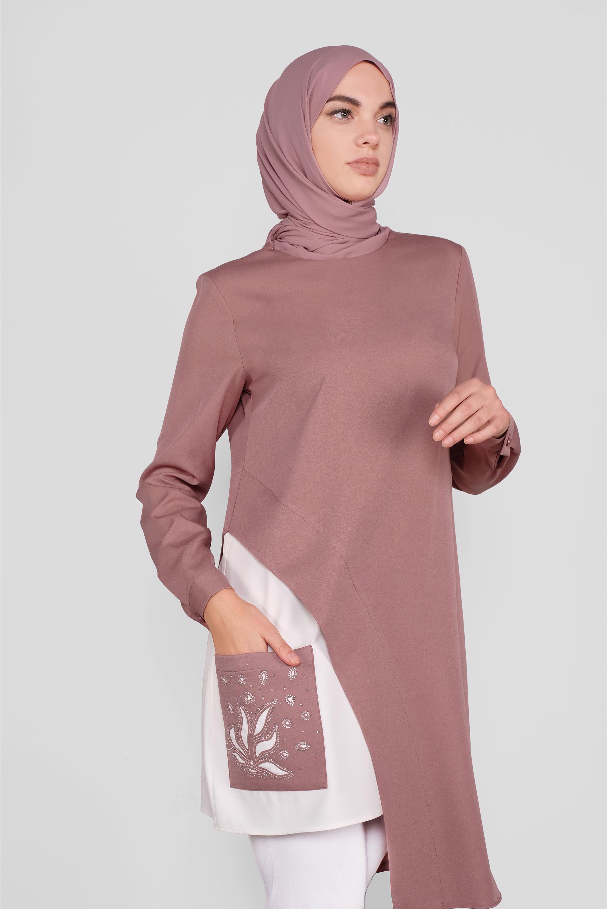 Tesettür giyim PEMBE ASİMETRİK KESİM CEPLİ  TUNİK  41166 