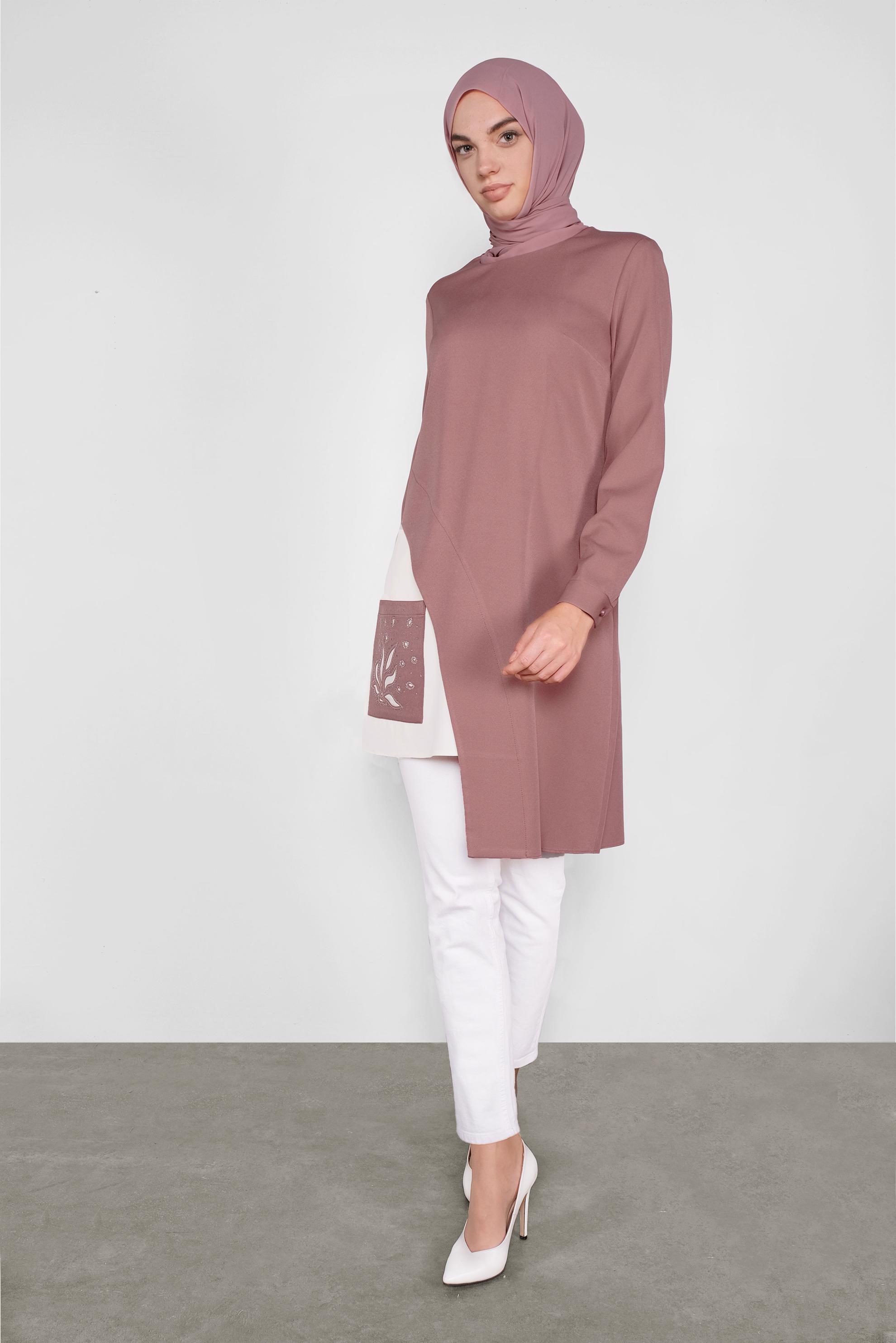 Tesettür giyim PEMBE ASİMETRİK KESİM CEPLİ  TUNİK  41166 