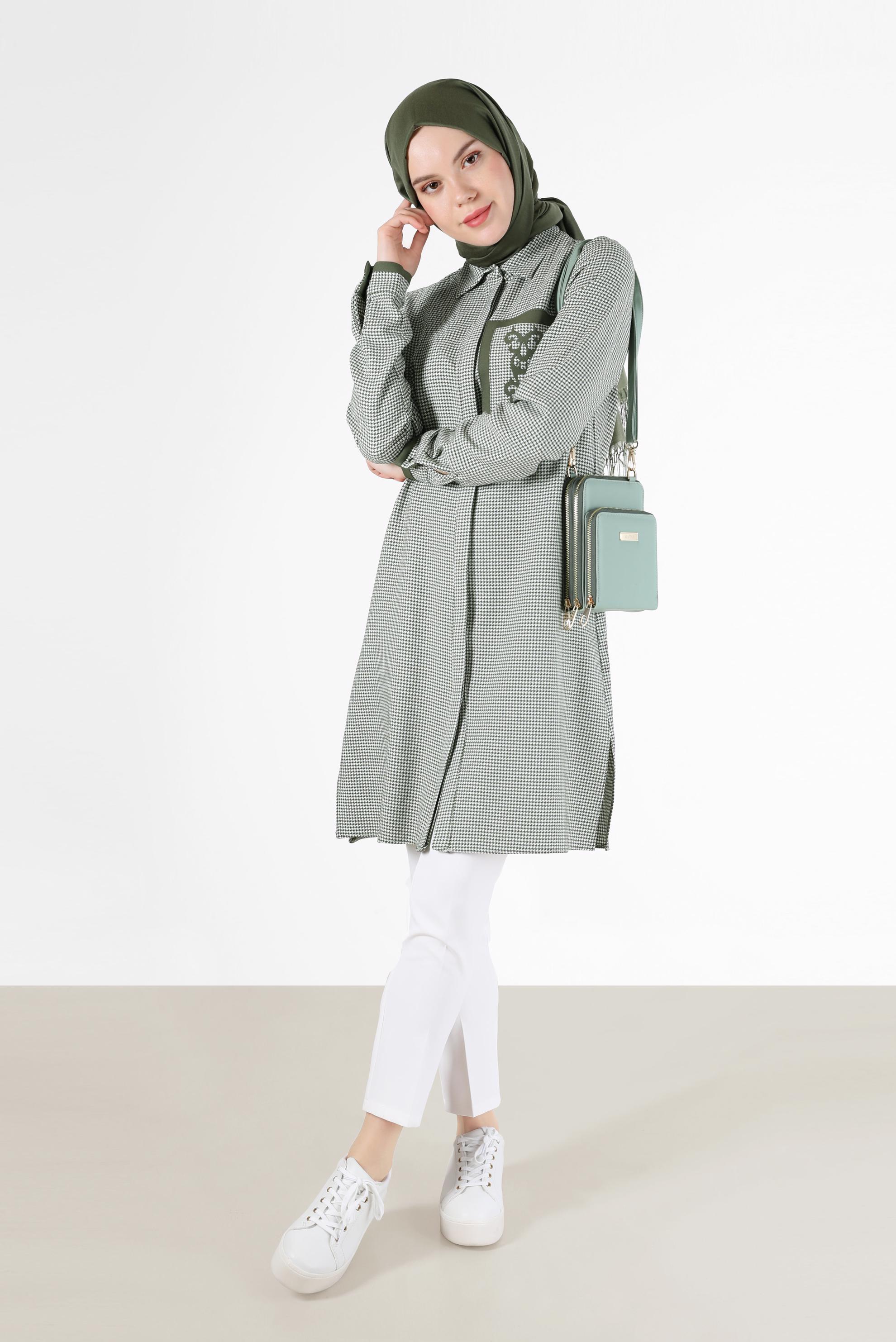 Tesettür giyim HAKİ PÖTİKARE DESENLİ TUNİK 41170 