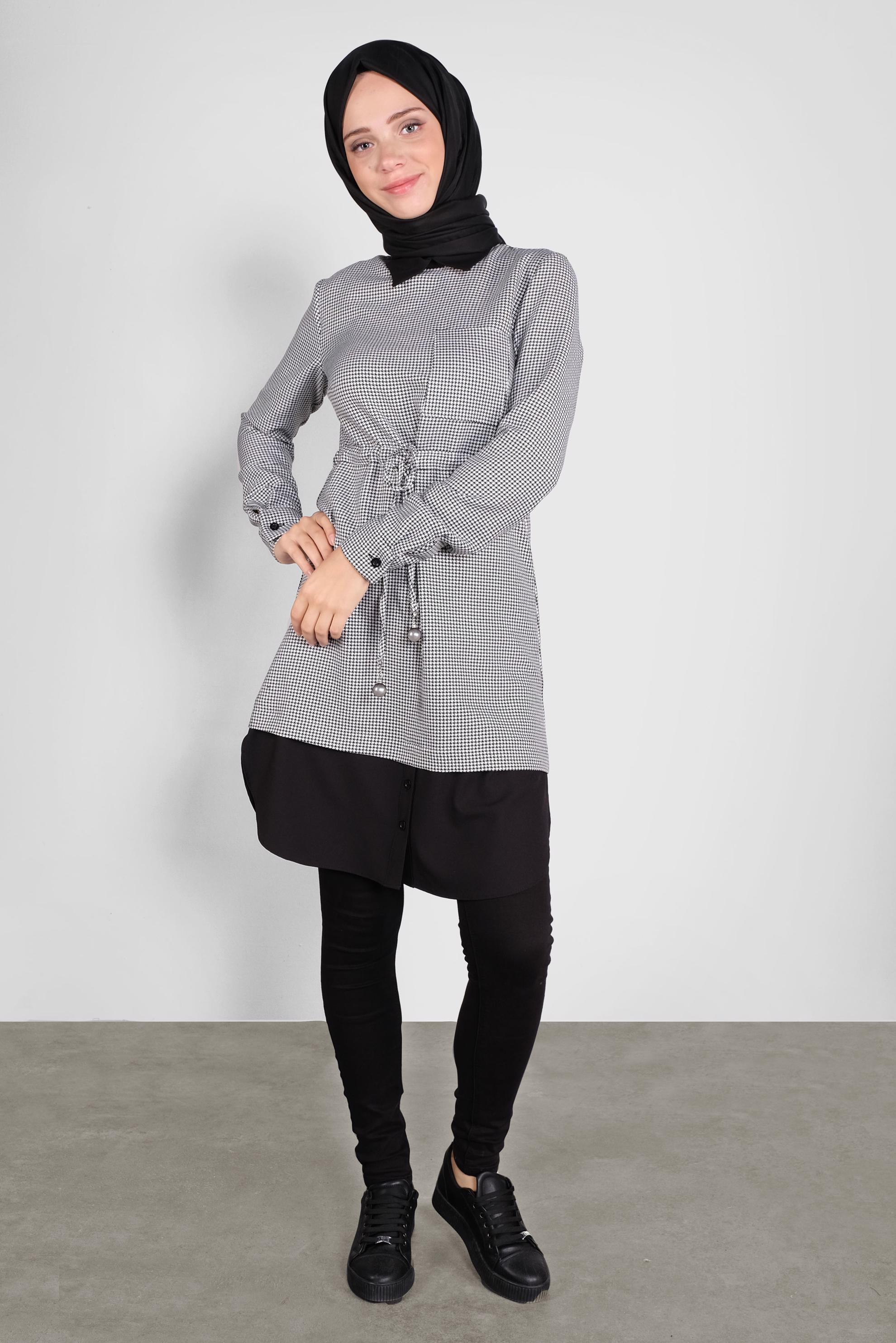 Tesettür giyim SİYAH BAĞCIKLI  KAZAYAĞI DESENLİ TUNİK  41171