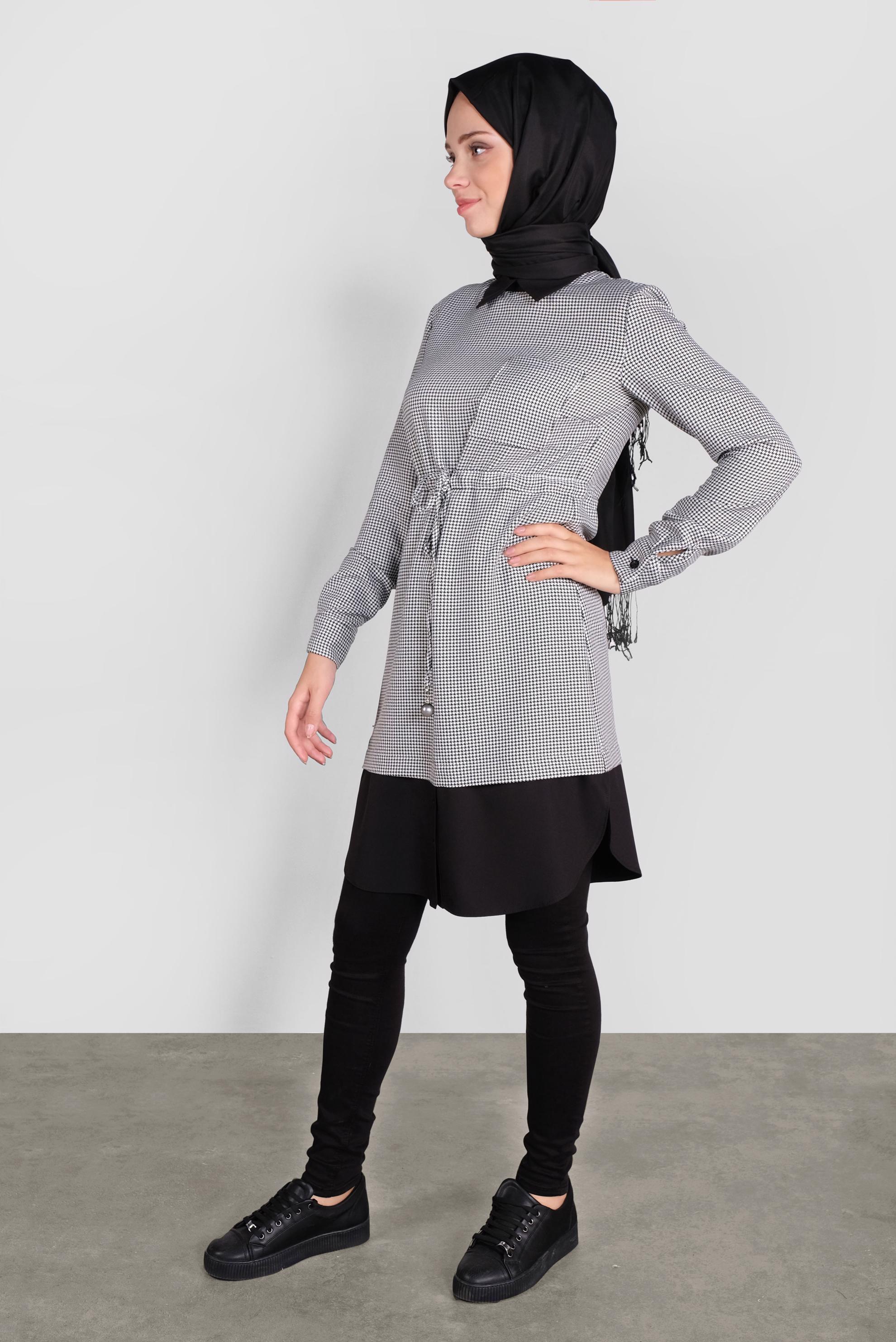 Tesettür giyim SİYAH BAĞCIKLI  KAZAYAĞI DESENLİ TUNİK  41171