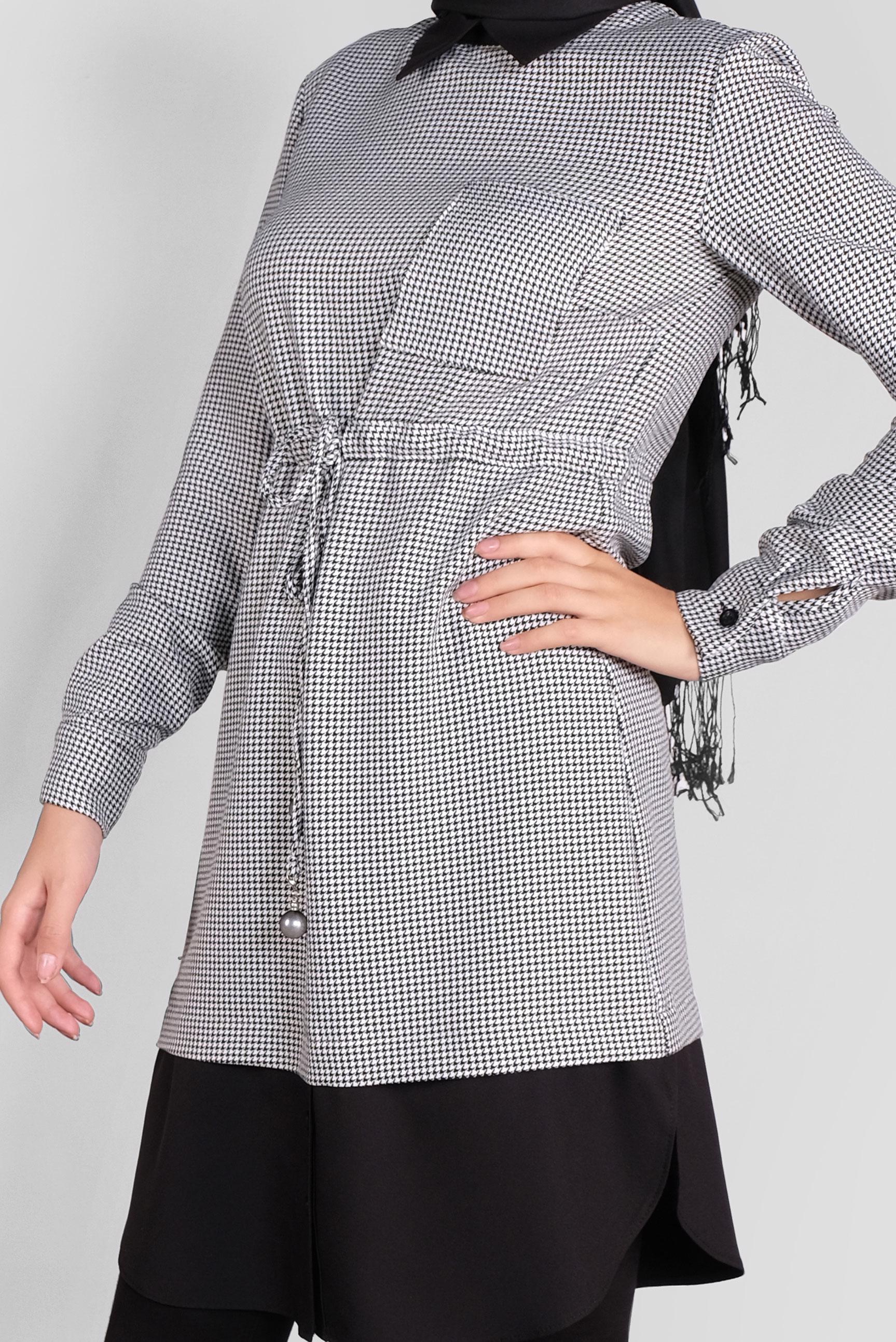 Tesettür giyim SİYAH BAĞCIKLI  KAZAYAĞI DESENLİ TUNİK  41171