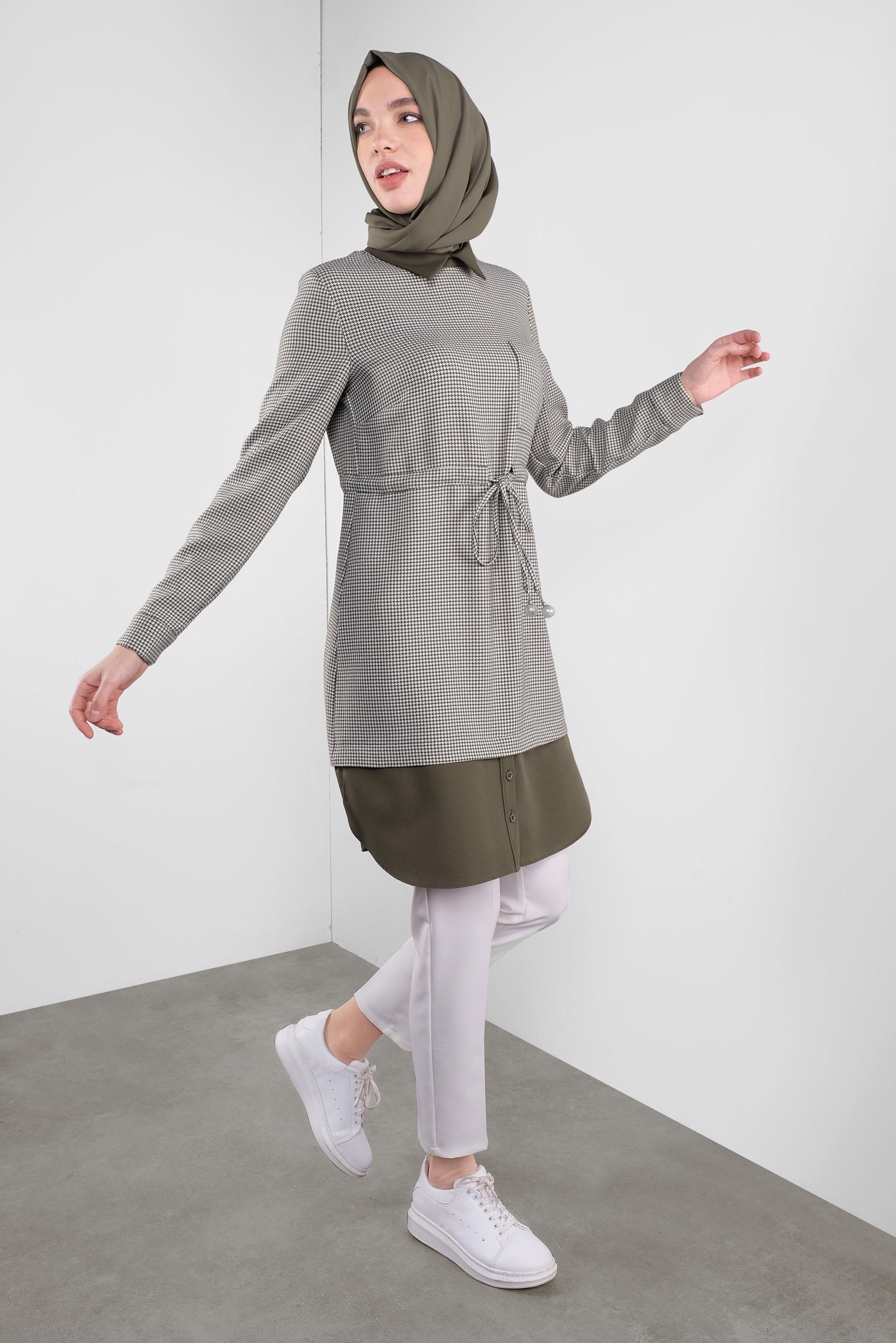 Tesettür giyim HAKİ BAĞCIKLI  KAZAYAĞI DESENLİ TUNİK  41171